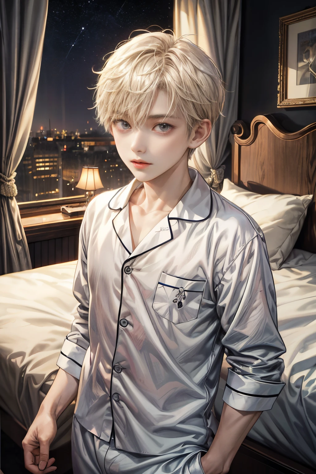 3d, 1boy, cute boy, ****, looking at viewer, cute, 8k, best defention,white hair, spiky hair, light blue eyes, home muji style, satin pajamas shorts, material is shiny,shy, begging