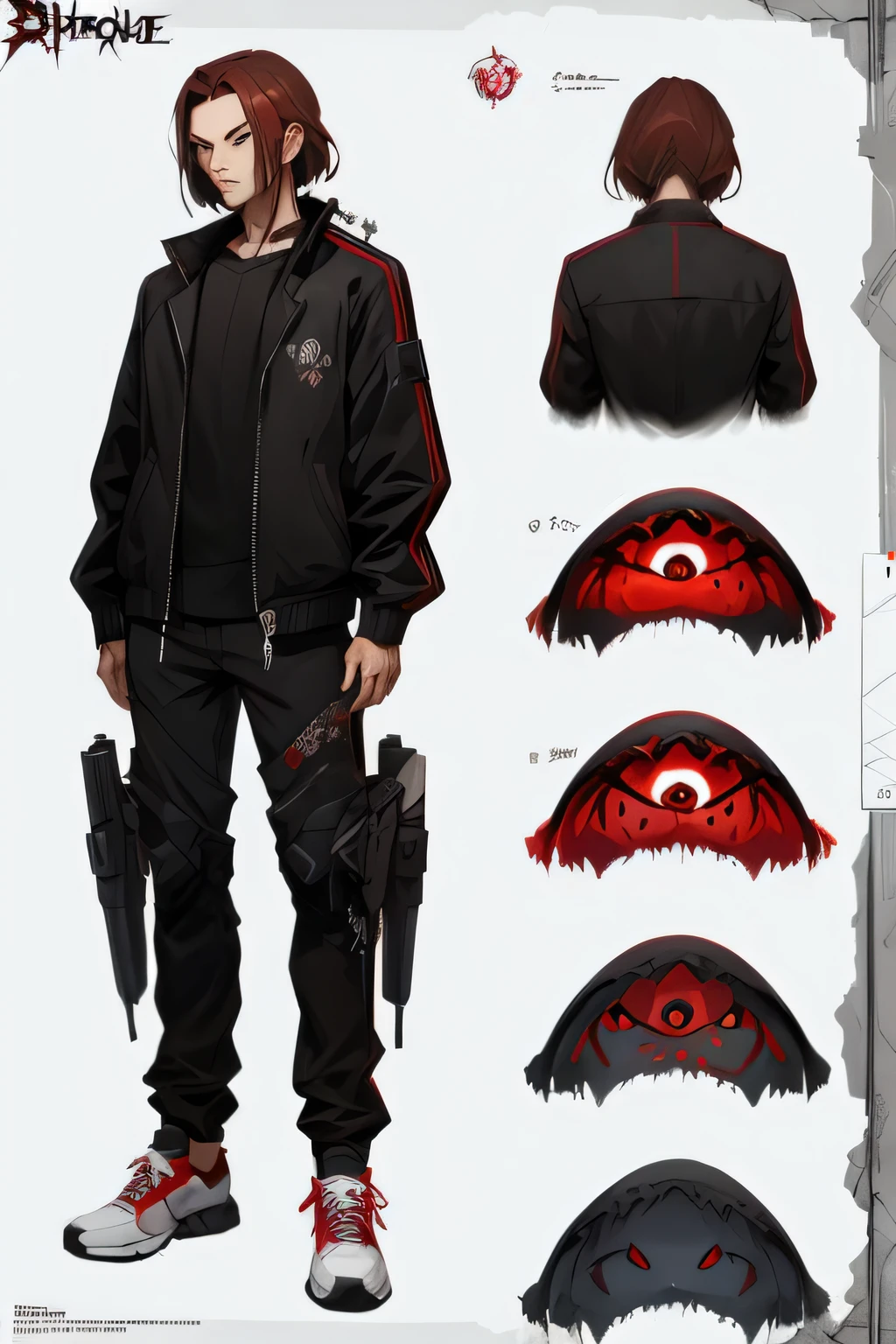 a drawing of a man with a gun and a mask, bloody + concept art, highly detailed character design, techwear occultist, cyberpunk character design, detailed full body concept art, red demon cyberpunk symbols, demon noble character design, clear eyes concept art, ( ( character concept art ) ), cyberpunk character art, game character concept art, detailed full body concept