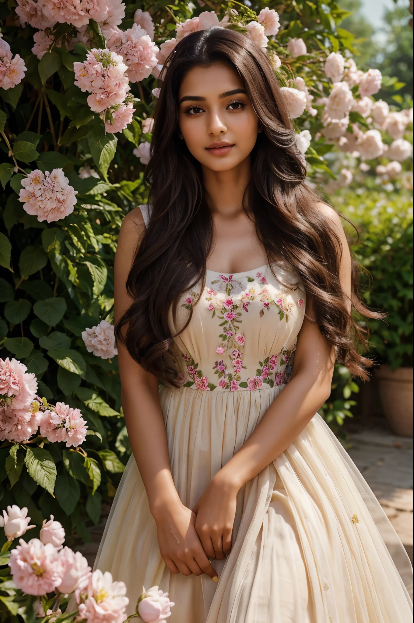 Beautiful ,23 years young girl,confident looking,8k,realistic,dark brown hair,fair skin, indian,long hair,clear facial features, wearing beautiful dress and flowers 🌷🌹and hairs on face make it seductive effect