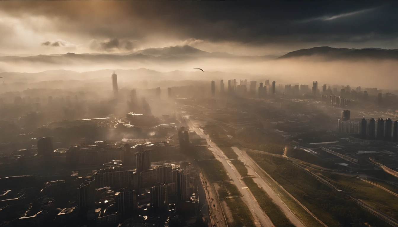The urban scene of Chengdu being bombed in 1940,10,000 meters in the air,Above the clouds,Time 3pm,Unreal Engine5,Ray traching, motionblur, 电影灯光, hyper HD, Best quality, high detal,desktop sand table(bird's eyes view)