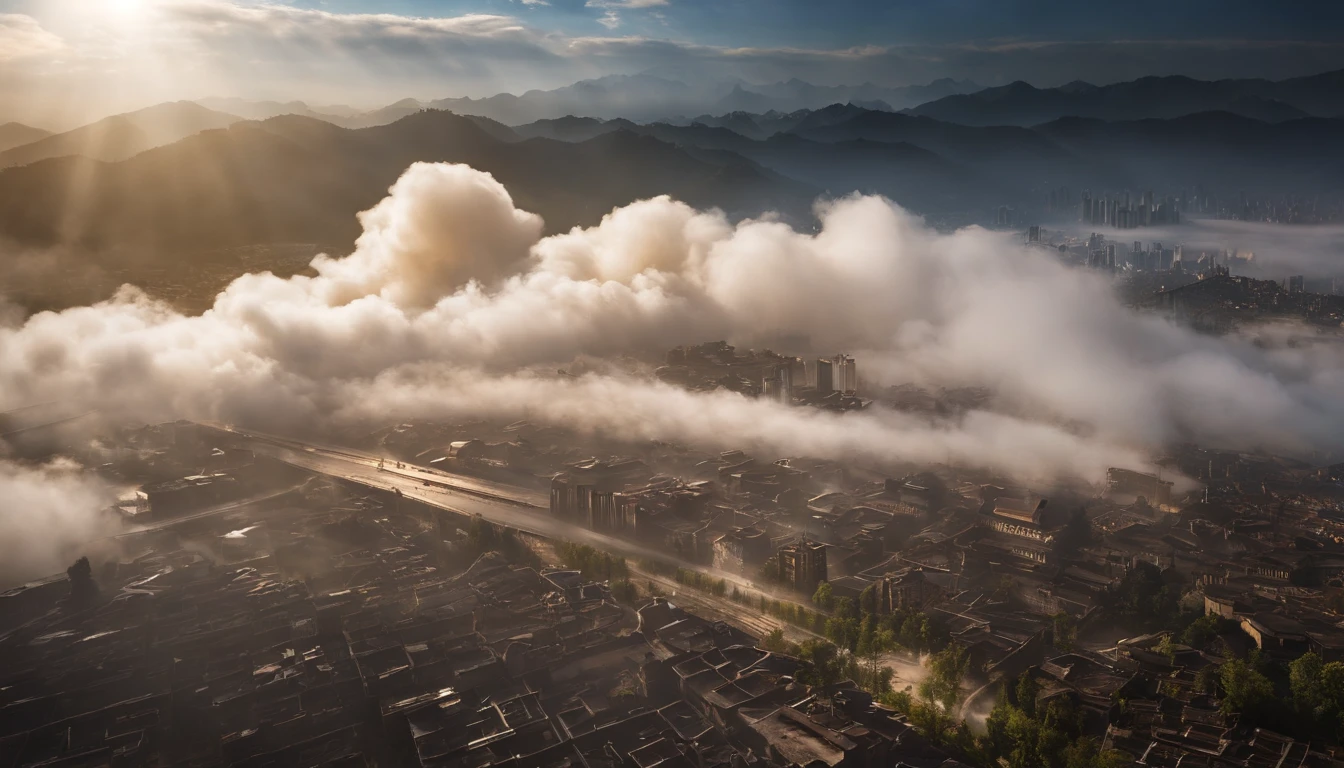 The urban scene of Chengdu being bombed in 1940,10,000 meters in the air,Above the clouds,Time 3pm,Unreal Engine5,Ray traching, motionblur, 电影灯光, hyper HD, Best quality, high detal,desktop sand table(bird's eyes view)