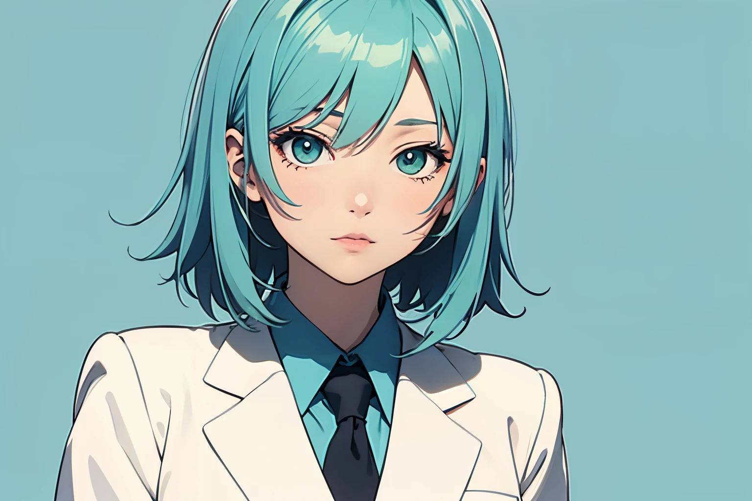 Anime style, 1 girl, powder blue hair, Office suit, Simple background, Plain background, Plain green background