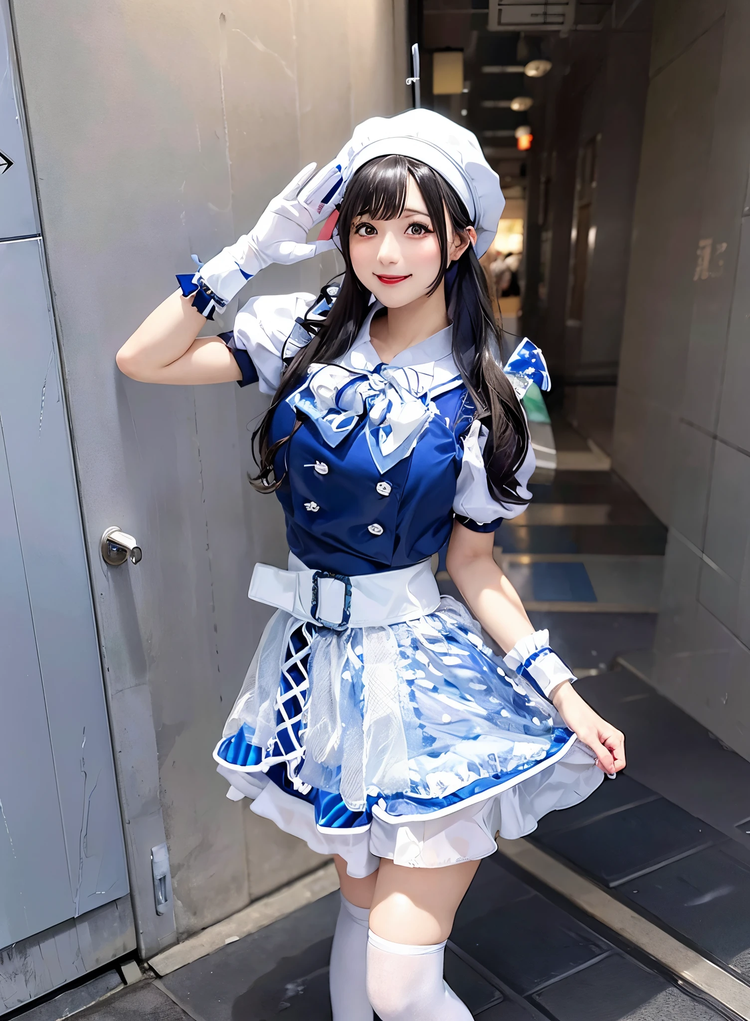 An arafe woman wearing a white and blue dress and hat, Anime girl cosplay, Sailor Uniform, anime girls in maid costumes, maid clothes, Kantai Collection Style, Anime Cosplay, azur lane style, anime maid ss military, sakimichan, Cosplay, cosplay of a catboy! maid! Dress, female sailor uniform, japanese maid cafe