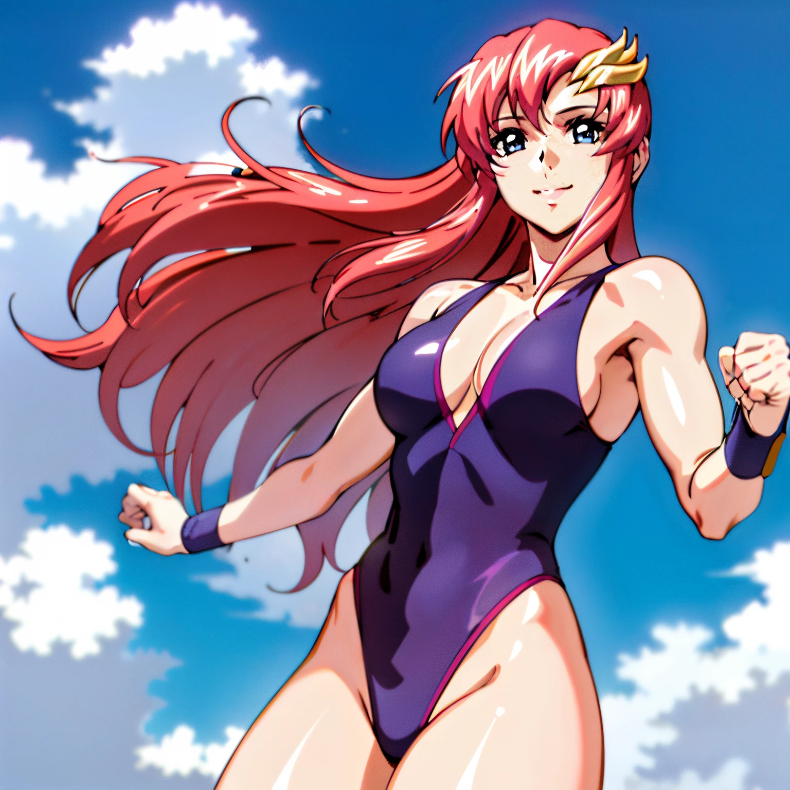 (masterpiece, upper body view, 4K, Best Quality, Anime style: 1.9, far view, Adult Woman, ultra detailed face, (cloud background, wrestling), Drawing lines, high resolution, Anime, lacus4), 1girl, Solo, curvy figure, Long hair, 鎖骨, scapular, (Detailed wide hair bangs, Hair Ornament, Detailed reddish-pink hair, shiny streaks, hair cover shoulders, golden crest), cleavage, large hands, (female wrestler). (Big blue eyes, shiny eyes), ((female wrestler, (slim body), little biceps, closed fists, thighs)), ((perfect proportions, medium breasts, long belly)), (((red strapless, neck band))), happy, smile, (standing, looking at the viewer)