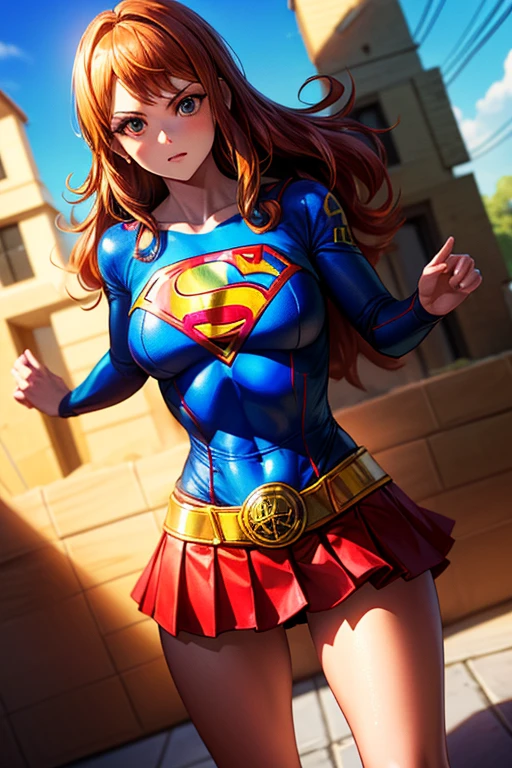((master part)) ((best quality)) ((Ultra Detalhado)) ((com da roupa da supergirl)) do Superman, terno completo)), ((saia curta vermelha)), ((Seios enormes)) ((cabelo longo laranja)) ((cabelo longo sedoso)) ((tatuagem do ombro direito)) ((nariz comprido)) ((a nami piece)) ((Nos)) ((DAMP BODY)) ((Mamalhuda)) ((olhos atraentes)) ((sharp eyes)) ((corpo magro)) ((High-resolution shadows)) ((cores atrativas)) ((blue skies)) ((Trunk pose in hand)) ((pulseiras de ouro)) , Apertado , saia azul, capa vermelha, super man s symbol, sombras claras