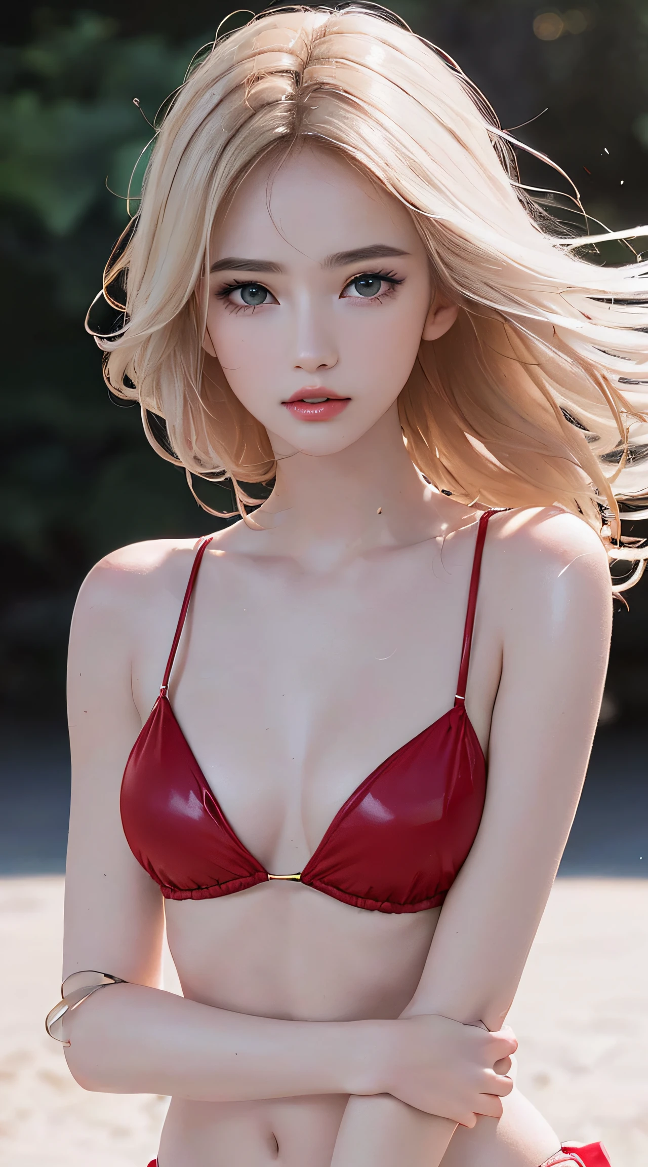 (8K, RAW Photos, of the highest quality, Masterpieces: 1.2), (Realistic, Photorealistic: 1.37), Highest Quality, Ultra High Resolution, light leaks, Dynamic lighting, Slim and smooth skin, (Full body:1.3), (Soft Saturation: 1.6), (Fair skin: 1.2), (Glossy skin: 1.1), Oiled skin, 22 years old, Night, shiny white blonde, Well-formed, Hair fluttering in the wind, (Close-up shot of face only:1.2), Physically Based Rendering, From multiple angles, all-fours, Chest is sheer, (Smaller chest:1.2), cleavage of the breast, Lower breast, (Transparent costume:1.3), Not wearing a cloak, Beautiful eyes,Break HA,(8K, RAW Photos, of the highest quality, Masterpieces: 1.2), (Realistic, Photorealistic: 1.37), Highest Quality, Ultra High Resolution, focused eyes, light leaks, Dynamic lighting, Slim and smooth skin, (Full body:1.3), (Soft Saturation: 1.6), (Fair skin: 1.2), (Glossy skin: 1.1), (Oiled skin:1.2), 18 years old, Night, plein air, Strong morning light from the front, BREAK, shiny white blonde, Well-formed, Hair fluttering in the wind, (Close-up shot of face only:1.2), Physically Based Rendering, From multiple angles, (Cute:1.2), Beautiful hair blown in the wind, all-fours, Chest is sheer, Well equipped, Sheer, Transparent, Glittering Gemstones, beautiful body shape, It features a simple, BREAK, Hair volume decreases towards the ends of the hair, Beautiful skin without blemishes, (Thin shiny red little bikini:1.2), Sparkly lips, The air is clear, shiny white blonde hair, Light is coming in from various directions, Hair through intense light, (Erotic:1.3), (Bare chest:1.2), (Small breasts:1.2), Under the breasts, narrowwaist, narrow shoulders, gazing at viewer, Big smile, spring, Bathing, Very small cloth, thighs thighs thighs thighs, Put your hands on your chest with embarrassment and embarrassment,it is raining、I'm soaked