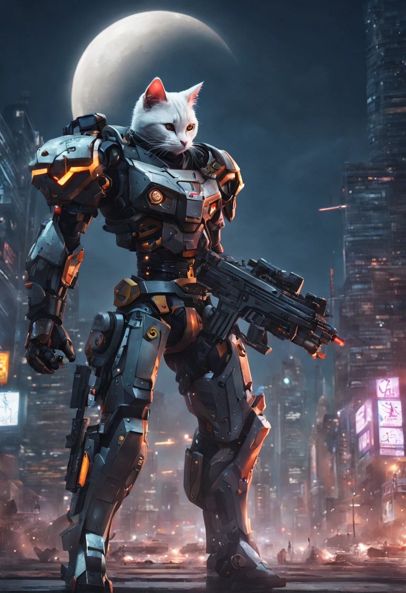 mejor calidad en 8k, obra maestra de un gato con estilo anime detallado, guerrero con armadura tipo ciberpunk, con una pistola laser en su mano derecha y en su mano izquierda una espada, sus gestos deben ser intimidantes con lentes futuristas y cuerpo musculoso bien definido, in the background a dark gloomy city with armed robots and a waning moon.