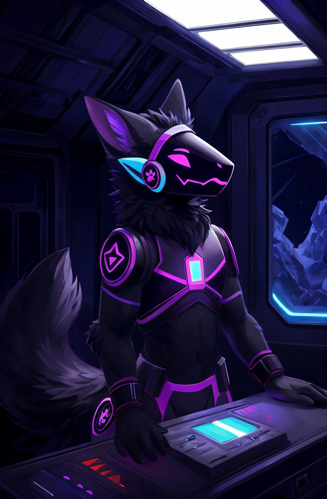 Protogen, furry art, masterpiece, great anatomy, black fur, neon purple details, detailed background, fluffy tail, male, wearing a black captain outfit, solo, submarine, control panels, dark cabin, detailed illumination, no windows, very little light, power outage, lights off, darkness.