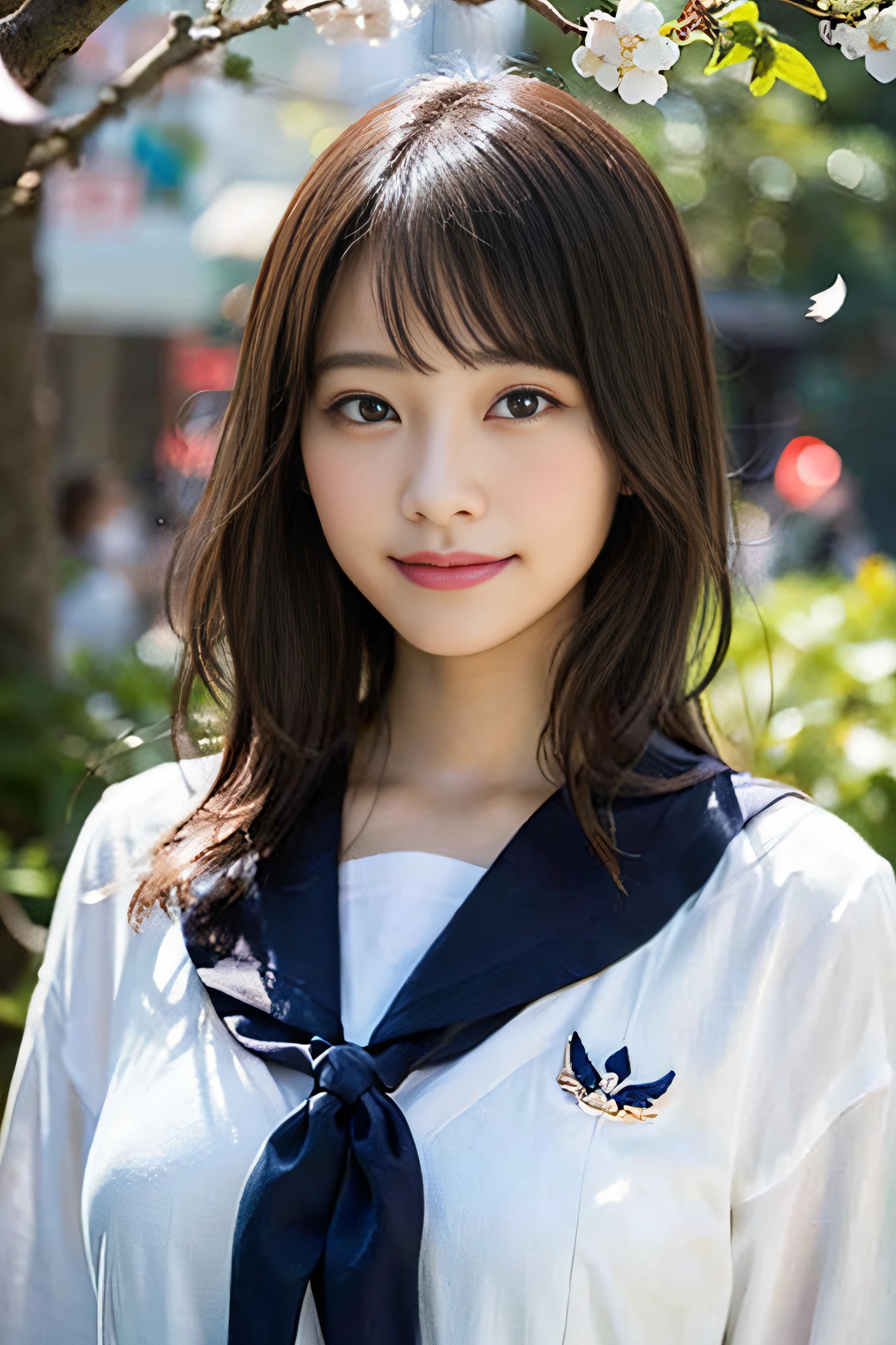 (8K、Raw photography、top-quality、masterpiece:1.2)、(realisitic、Photorealsitic:1.37)、ultra-detailliert、超A high resolution、女の子1人、see the beholder、beautifull detailed face、A smile、Constriction、(Slim waist) :1.3)、Beautiful detailed skin、Skin Texture、Floating hair、Professional Lighting、Whole human body、japanese hight school uniform、a sailor suit、Twin Hairstyles、E-cup、Happy smile、sixteen years old、Red ribbons、a baby face、in woods、Tree of the Rising Sun々Sunlight passing through、Deities々Shikai、Hair fluttering in the wind、the wind、cherry blossom in full bloom、Cherry blossom confetti