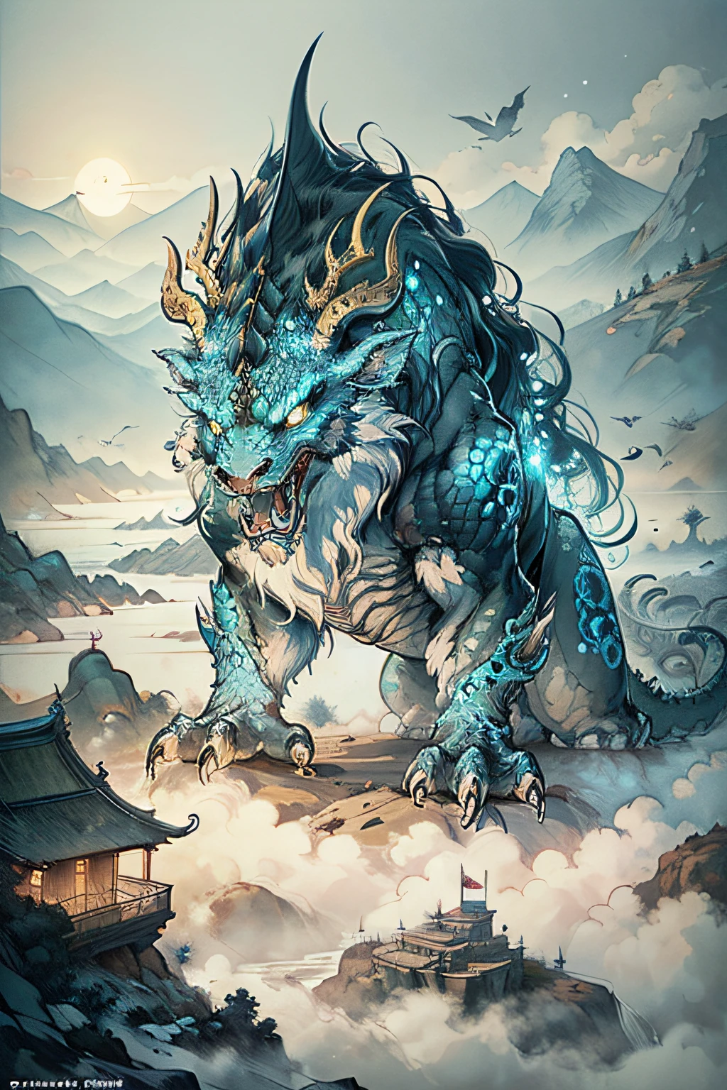(Best quality at best,8K,A high resolution,tmasterpiece:1.2)Ride monsters,1个Giant Breast Girl,,Anatomical correct,Long gray hair,dragon monsters,female focus,sitted,Oriental elements,Ink painting style, clean color,golden space, gentlesoftlighting, ( bokeh),tmasterpiece, 超詳細, Epic work, Best quality at best, Image of Asian landscape,There are mountains and birds in the air,In a fantastical otherworldly visual style,Light cyan and gold,intricate map world,Illustration of a hyperrealistic,romantic cityscapes,detailed character illustrations,Organic shapes and curves 16k,Yamakawa,Rios,suns,Mountain and Sea Skylark Picture Scroll,Ancient mythology《Mountain and Sea Sutra》,mythical beast,Epic work,cel shadow,National style(Best quality at best,8K,A high resolution,tmasterpiece:1.2),ultra - detailed,(actual,realisticlying,Photorealistic:1.37),Ancient beasts from hell,Chinese mythology,Mountain and Sea Sutra,Mountains and sea,Ancient legends,mythological creatures,Sparkling golden scales,deer antlers,mane hair,Dragon whiskers,sharp talons,beast of prey,bucktooth,sparkling big eyes,
,ultra - detailed,(actual,realisticlying,Photorealistic:1.37),Ancient beasts from hell,Chinese mythology,Mountain and Sea Sutra,Mountains and sea,Ancient legends,mythological creatures,Sparkling golden scales,deer antlers,mane hair,sbeard,sharp talons,beast of prey,bucktooth,sparkling big eyes, Intricate fantasy ink painting, Detailed fantasy ink illustration, The fantasy is very detailed, beautiful detailed fantasy, The magic fantasy is very detailed, Highly detailed fantasy art, Rivendell Epic Fantasy, japanese fantasy, detailed fantasy digital art, chinese fantasy, detailed fantasy art,