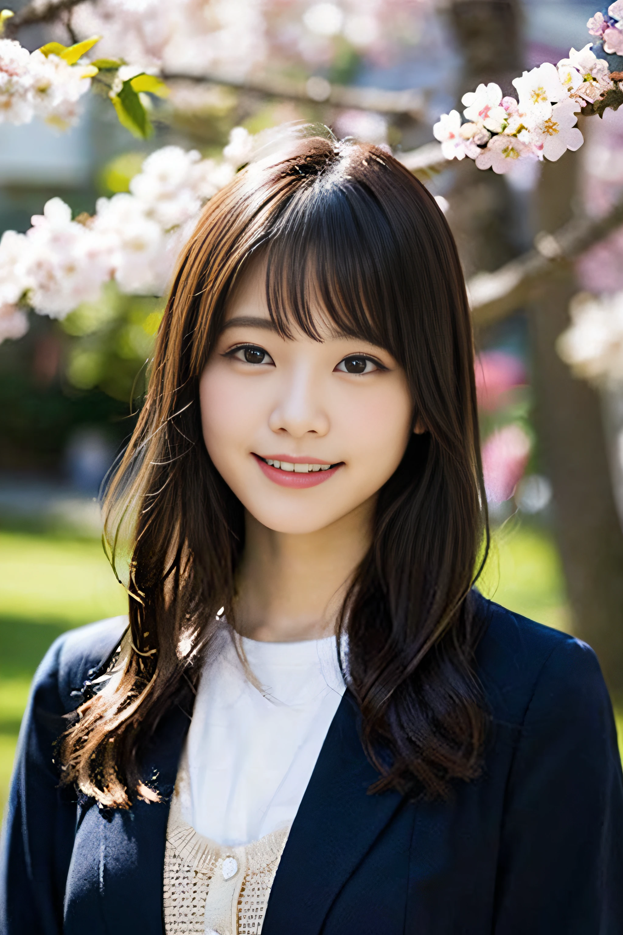 (8K、Raw photography、top-quality、masterpiece:1.2)、(realisitic、Photorealsitic:1.37)、ultra-detailliert、超A high resolution、女の子1人、see the beholder、beautifull detailed face、A smile、Constriction、(Slim waist) :1.3)、Beautiful detailed skin、Skin Texture、Floating hair、Professional Lighting、Whole human body、japanese hight school uniform、a sailor suit、Twin Hairstyles、E-cup、Happy smile、、Red ribbons、a baby face、in wood the Rising Sun々Sunlight passing through、Deities々Shikai、Hair fluttering in the wind、the wind、cherry blossom in full bloom、Cherry blossom confetti