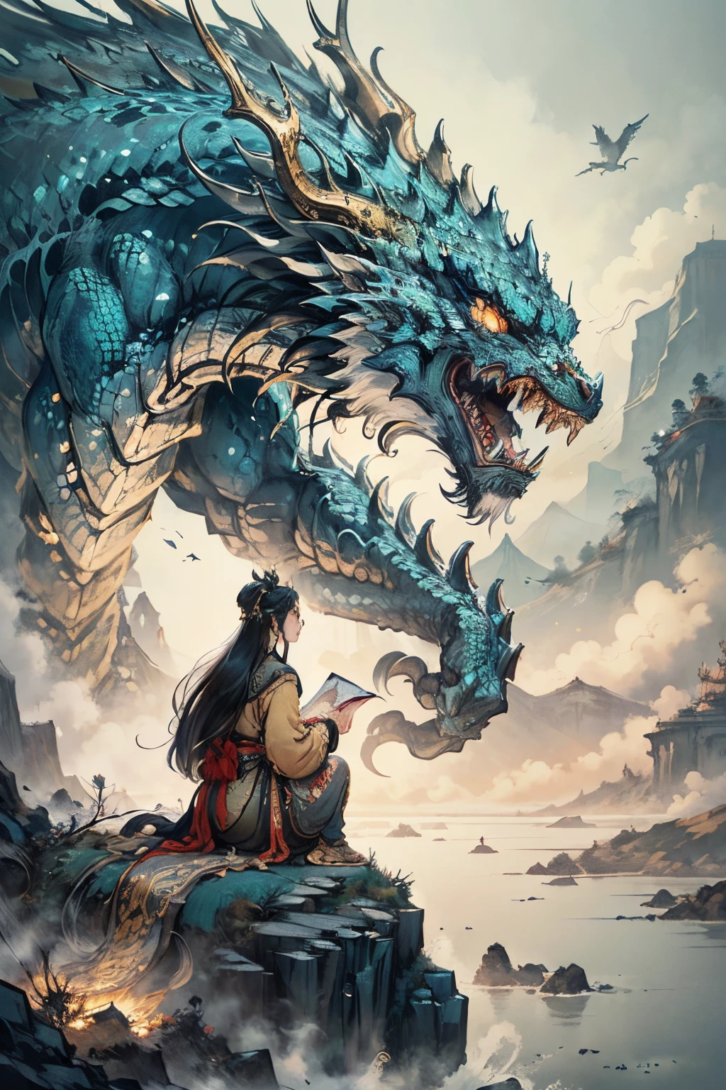 Chinese style, masterpiece, best quality, super detailed, , high contrast, a blue Chinese dragon looks down on the girl, the girl looks at the dragon, fairy mountains, clouds and mist, Chinese style
