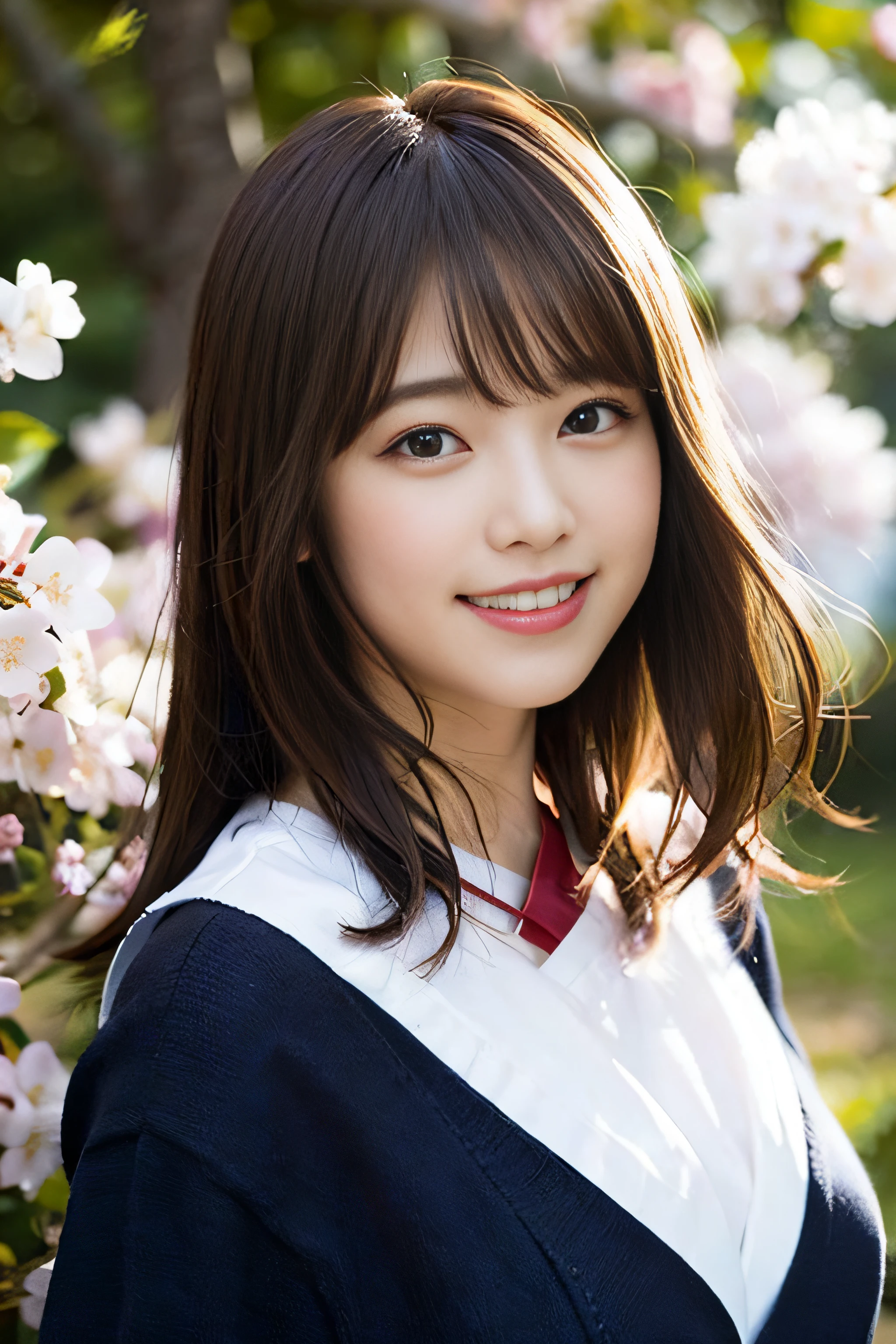 (8K、Raw photography、top-quality、​masterpiece:1.2)、(realisitic、Photorealsitic:1.37)、ultra-detailliert、超A high resolution、女の子1人、see the beholder、beautifull detailed face、A smile、Constriction、(Slim waist) :1.3)、Beautiful detailed skin、Skin Texture、Floating hair、Professional Lighting、Whole human body、japanese hight school uniform、a sailor suit、Twin Hairstyles、E-cup、Happy smile、sixteen years old、Red ribbons、a baby face、in woods、Tree of the Rising Sun々Sunlight passing through、Deities々Shikai、Hair fluttering in the wind、the wind、cherry blossom in full bloom、Cherry blossom confetti