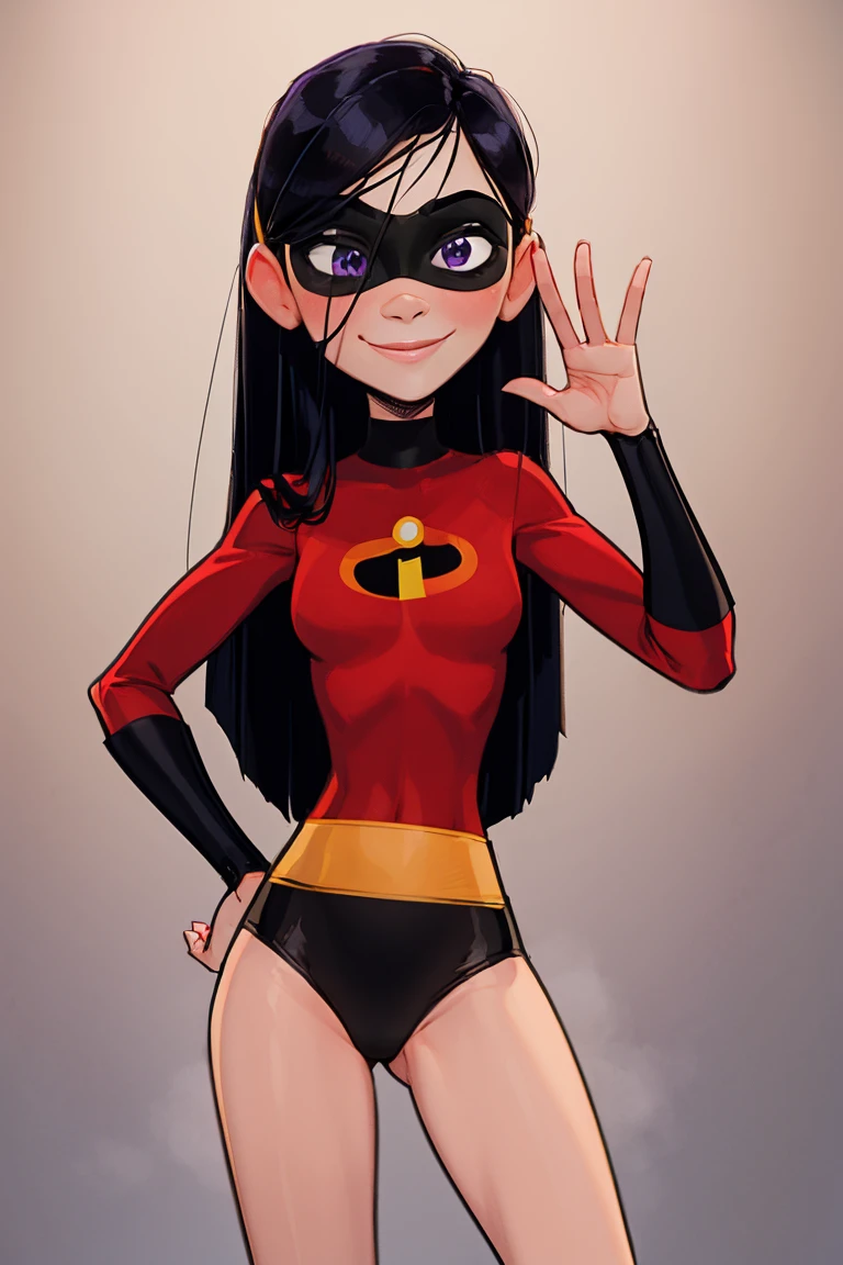 Violet Parr, violetparr, violetparr, black hair, masterpiece, best quality, 1girl, violetparr, mask, long hair, black hair, hair over one eye, solo, looking at viewer, smile, simple background, dark black hair