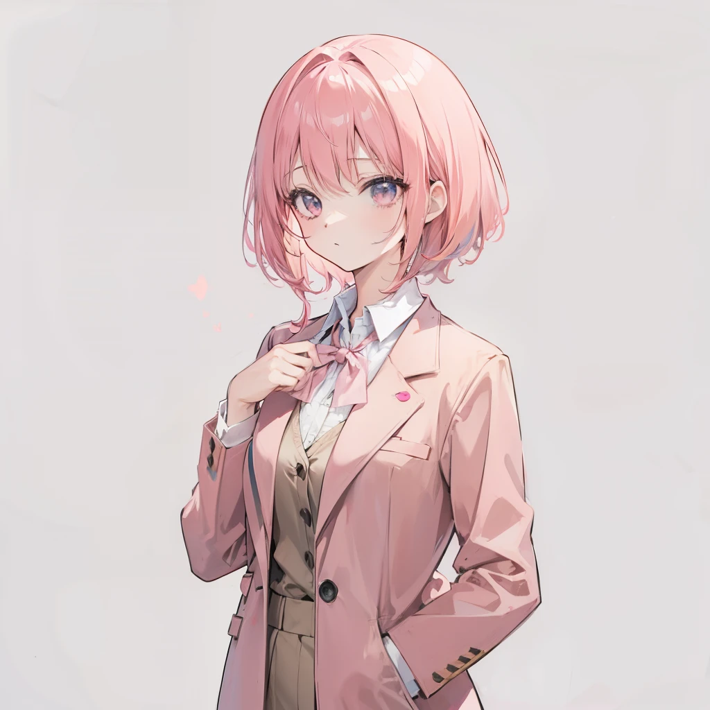 Anime style, 1 girl, powder pink hair, office brown suit, Simple background, Plain gray background