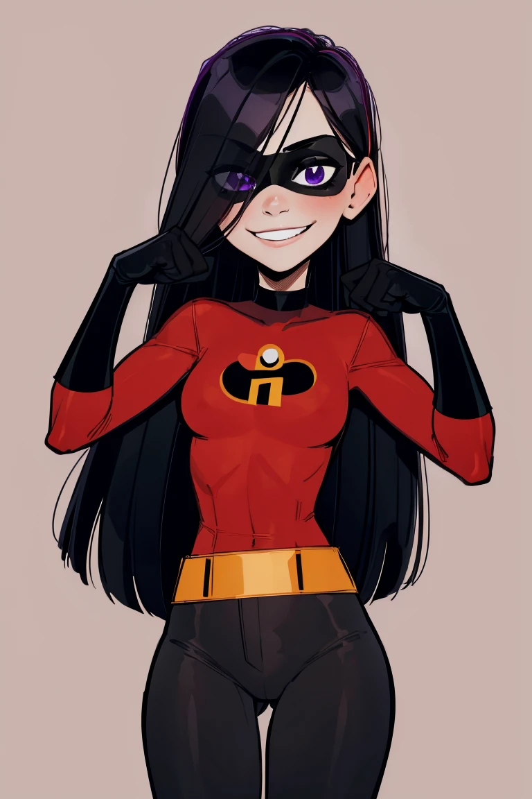 Violet Parr, violetparr, violetparr, black hair, masterpiece, best quality, 1girl, violetparr, mask, long hair, black hair, hair over one eye, solo, looking at viewer, smile, simple background, dark black hair