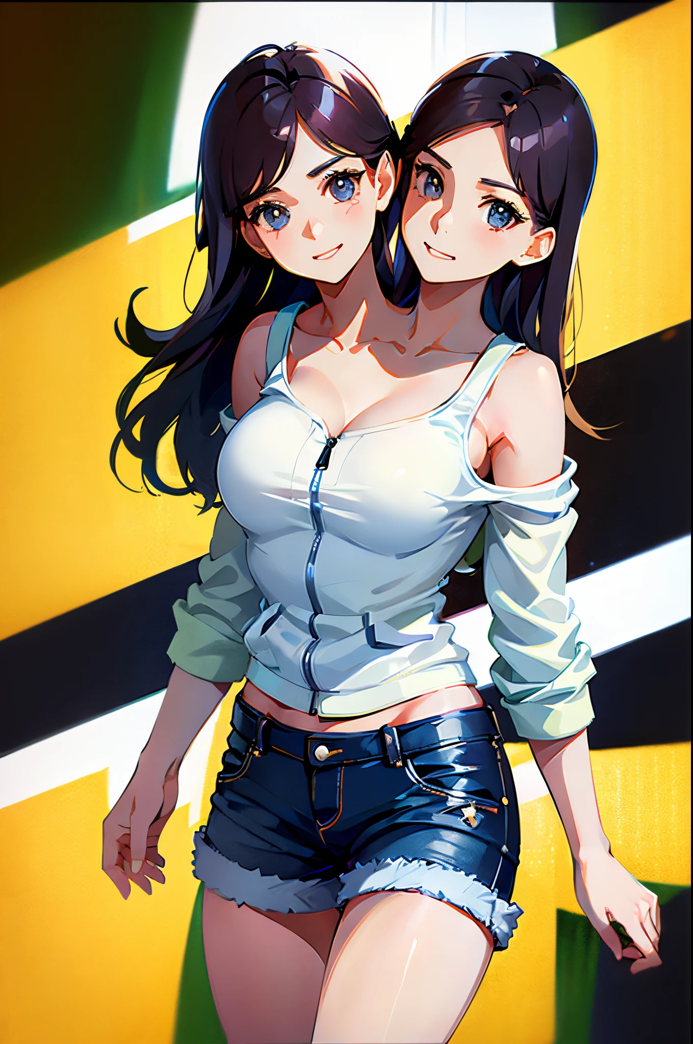 best resolution,close up shot, 3 heads,girl with three heads, varsity jacket, denim shorts, tanktop, urban background