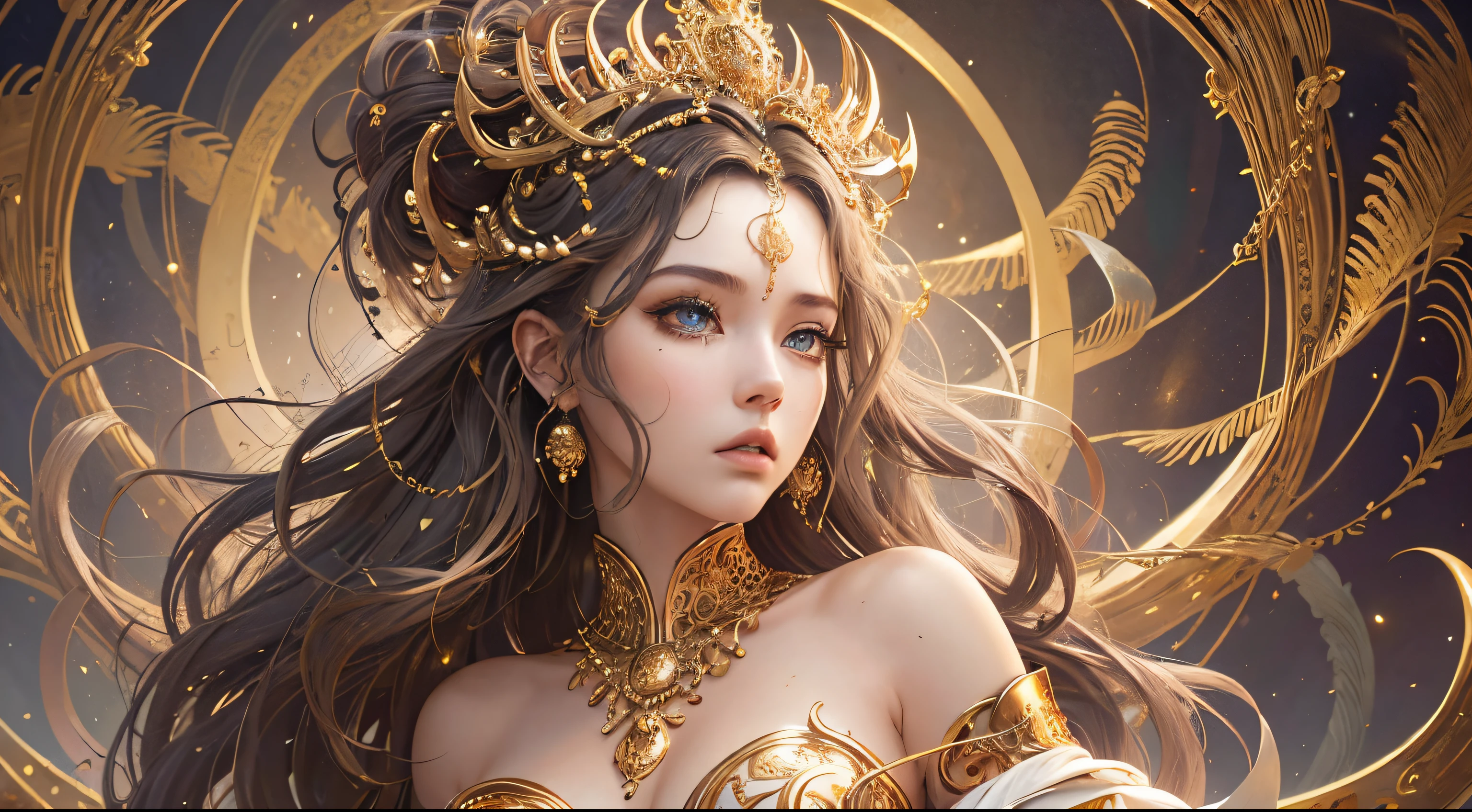 Absurd, ultra-detailed, high quality, masterpiece, detailed face, beautiful eyes(detailed eyes), Greek mythology, Goddess, Hera , the queen of the gods, striking and captivating, features are classically beautiful, with high cheekbones, a perfectly proportioned face, eyes depicted as large and captivating, hold an intense gaze, golden hair , Gole hair is luxuriant and flowing, cascading down her back in waves , wearing elegant robes adorned with intricate patterns , Her beauty is not merely superficial but embodies the essence of power, authority, and regality.