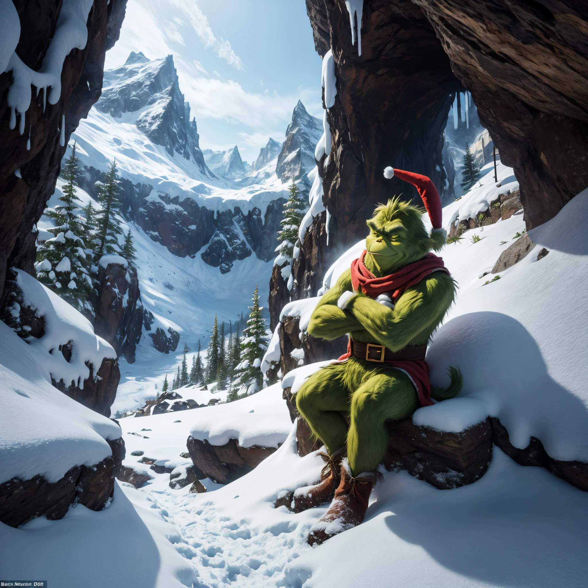 (masterpiece, best quality), best resolution, grinch, sitting outside a snowy cave, mountainside, snow