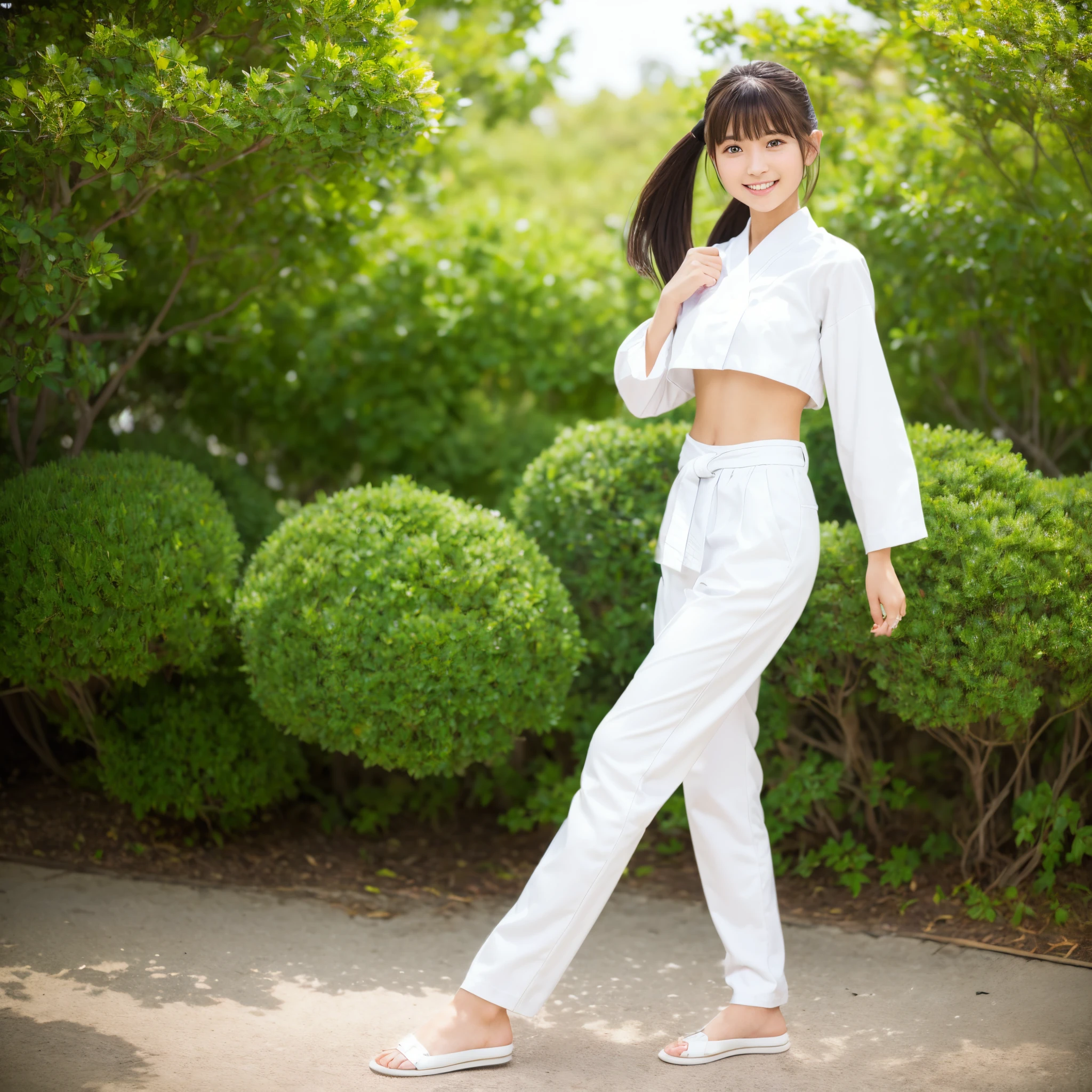 (Photorealsitic)(), Pretty Woman, (Full body 8K portrait), 1 girl in, White Karate Uniform, White karate pants, Large bust,Stand alone, Large and dynamic hand and foot movements, Stick out your fist, Make a high side kick, Correct skeleton, Perfect facial detail, (Smile: 1.15), attractive beautiful face, gazing at viewer, a small face, 二重まぶた, Beautiful detailed eyes, long eyeslashes, ligh brown hair, poneyTail, Toned waist, Beautiful thin legs, toned ankles, bare-legged ,TOKYOcty, background blue, no nsfw