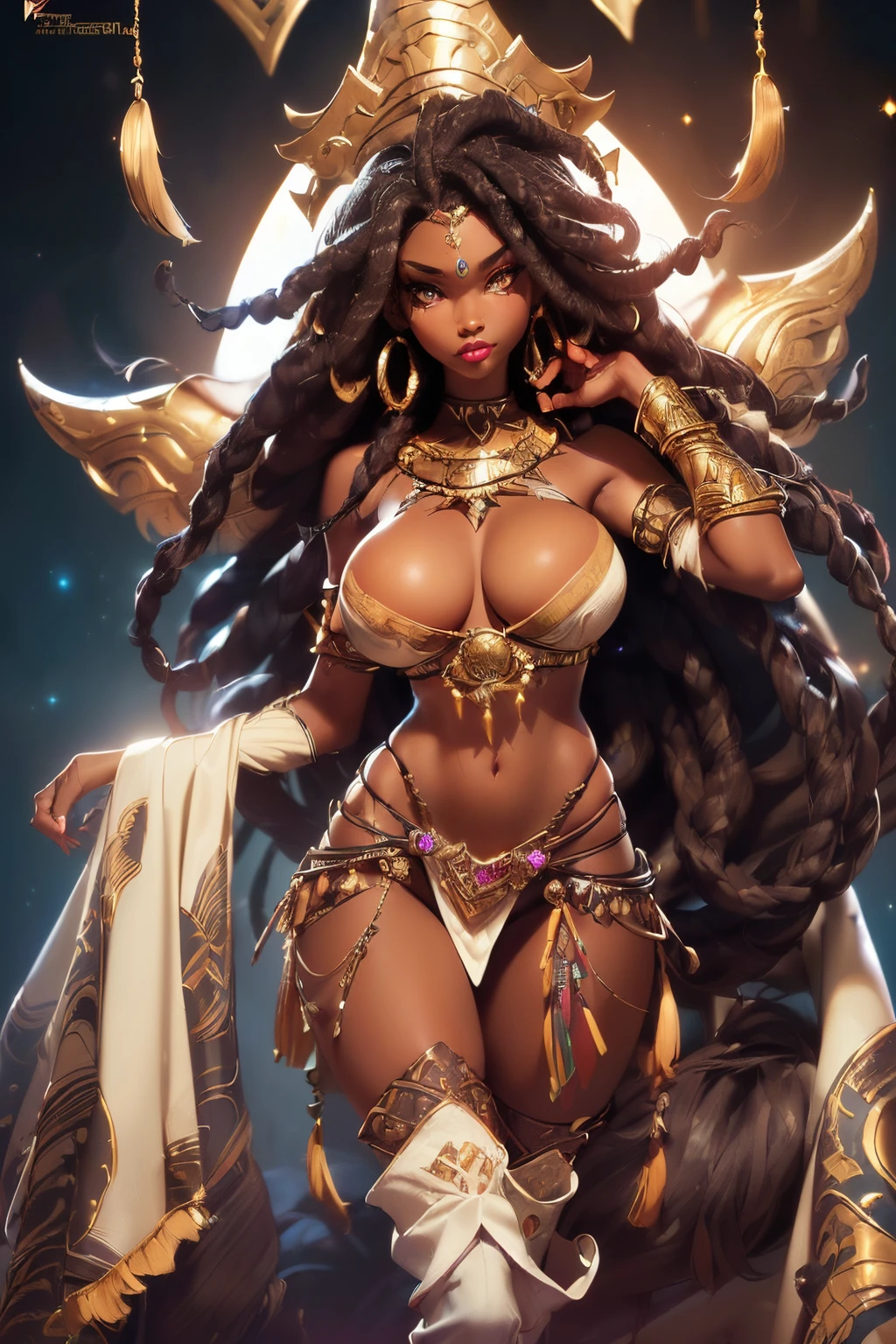 ((complete full body))((sexy tall african supermodel)) ((beautiful face)) (red lipstick) ((big bright eyes)) ((black curly dreadlocks hair with bangs)) ((ebony skin)) ((very huge breast:1.5)) (perfect slender body:1.3) ((wears fantasy shaman tribal fur loincloth with ornament bones and claws))((lion head mounted on shoulder pad)) ((fur high heel boots, choker, earrings)) ((wield tribal wand))((sexy supermodel posing inside photo studio for epic camera photoshoot, fantasy mystical voodoo decoration light of reflector over her))(high resolution, dynamic shadows)((photorealistic:1.5)) ((masterpiece:1.3)) (8k) (perfect face) (best quality) (perfect hands and eyes)