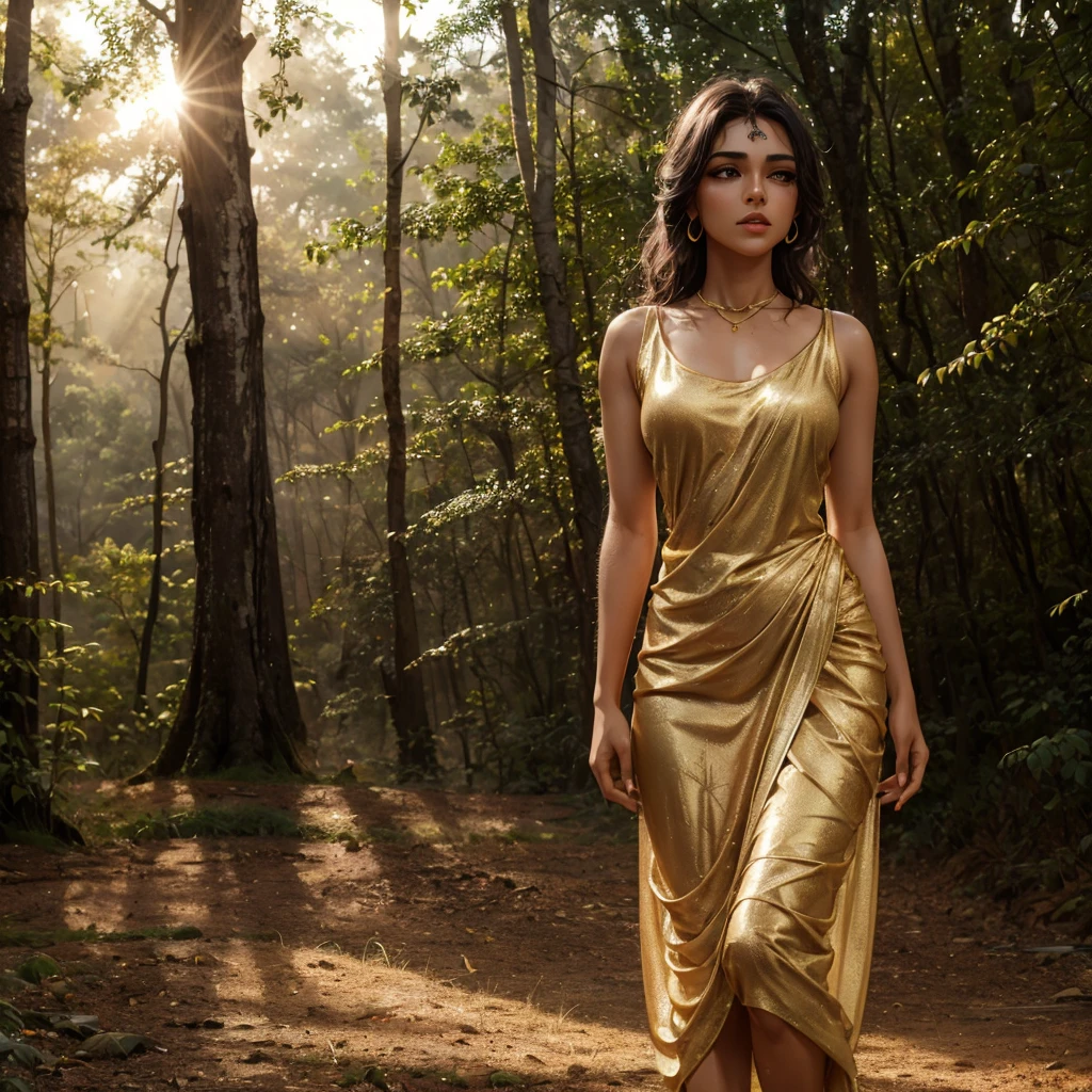 natural beauty , pink lips, slim body, indian golden dress ,golde jewelry , small breast,ultra detailed , ultra 4k hd quality image, deep forest stone field, soft sun light, medium fog, morning seen,