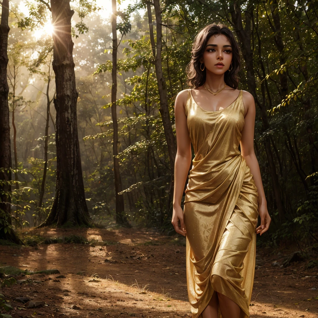 natural beauty , pink lips, slim body, indian golden dress ,golde jewelry , small breast,ultra detailed , ultra 4k hd quality image, deep forest stone field, soft sun light, medium fog, morning seen,