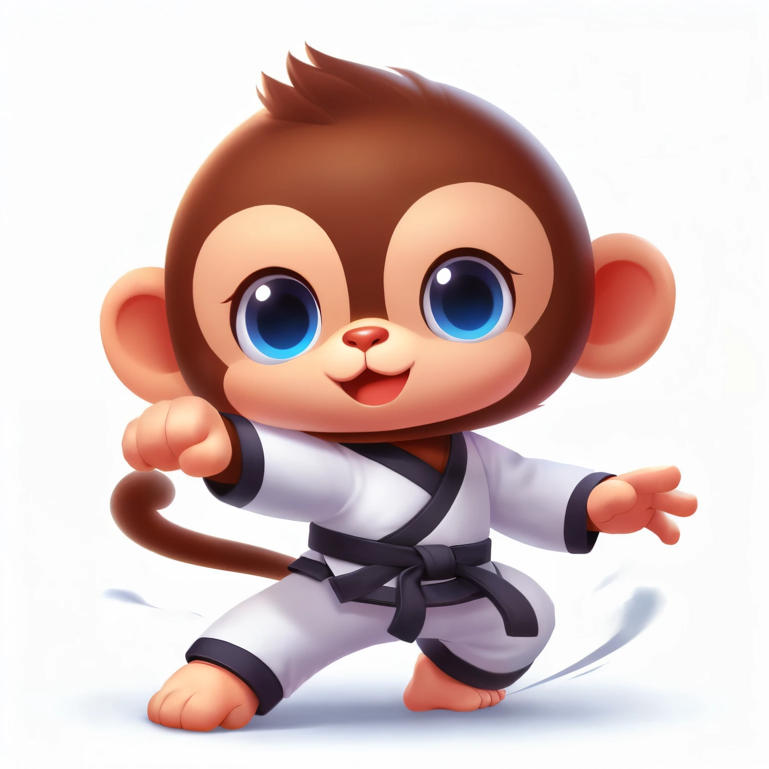 Cartoon monkey wearing karate costume performing karate moves with kicking legs。