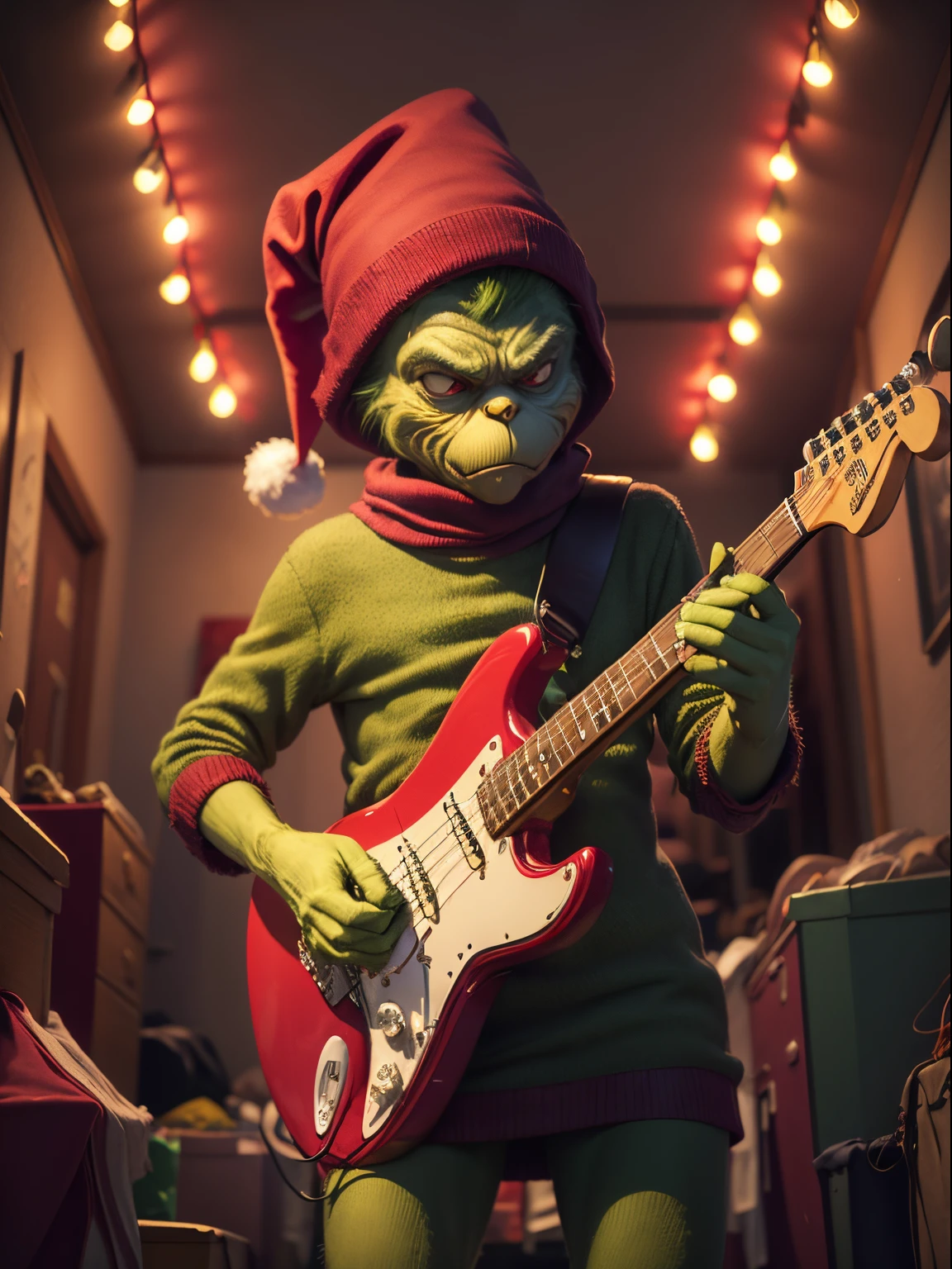 RAW photogr,(Grinch holding fender stratocaster, Alone,Emotional face, put on christmas clothes,Burgundy and dark colors_red colour), Christmas fun street,Warm wooden house,Christmas tree,tmasterpiece, award winning photography, lamplight, perfect compositions, high detal, hyper realisitc,dramatic lights, epic
