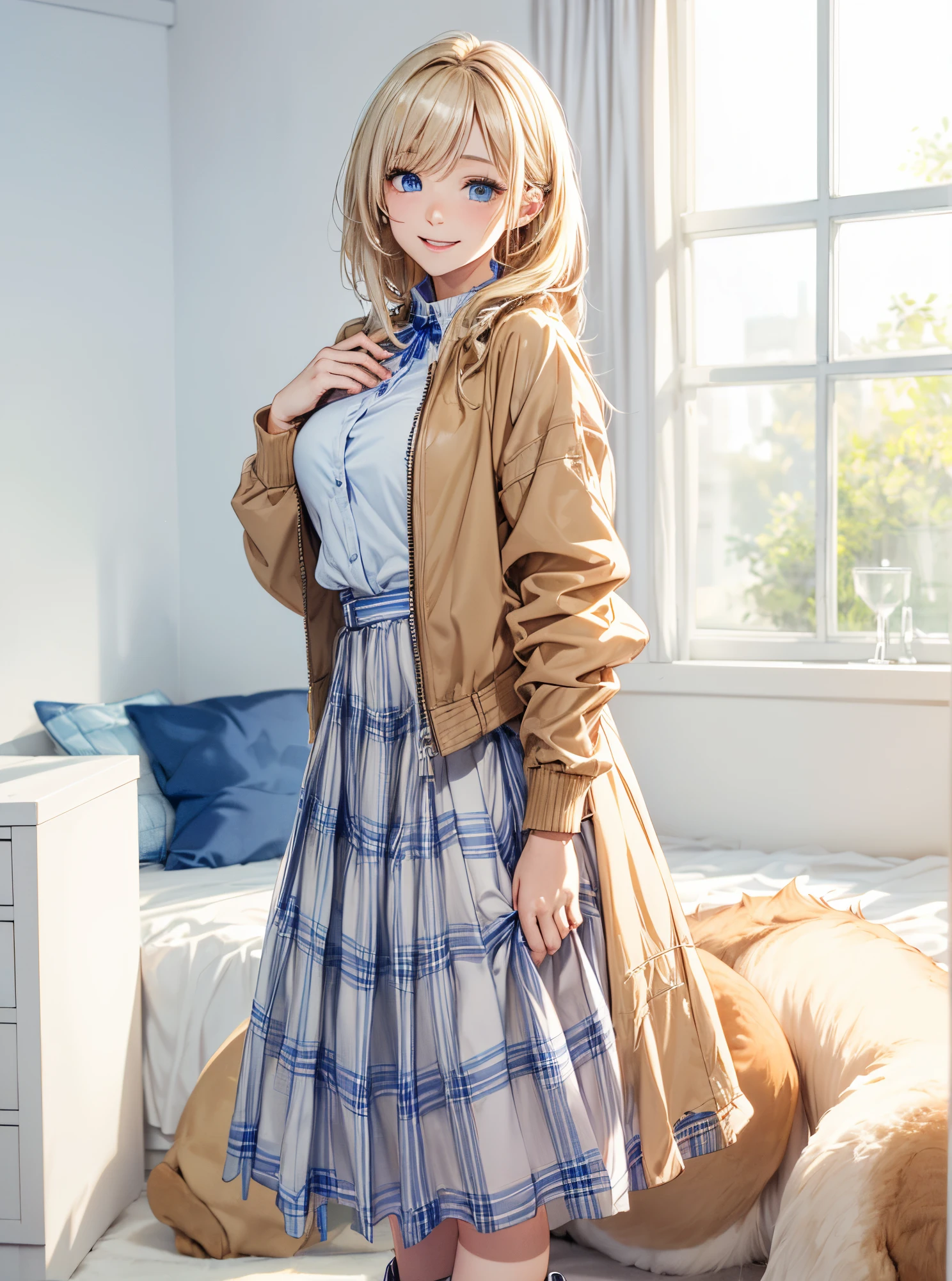 (​masterpiece),(top-quality:1.2),1girl in,(masuter piece:1.3),exquisitedetails, Highest quality 8K resolution,Vibrant colors, Soft tones, Warm atmosphere, Gentle lighting,slender white body、(camel colored plaid long skirt:1.3),(white quilted blouson:1.2),(natural brown boots),Blushing、(short twin-tailed blonde hair:1.3),(Hair parted in the middle:1.3),(Glowing hair),(Cobalt blue eyes:1.3),White skin,kindly smile