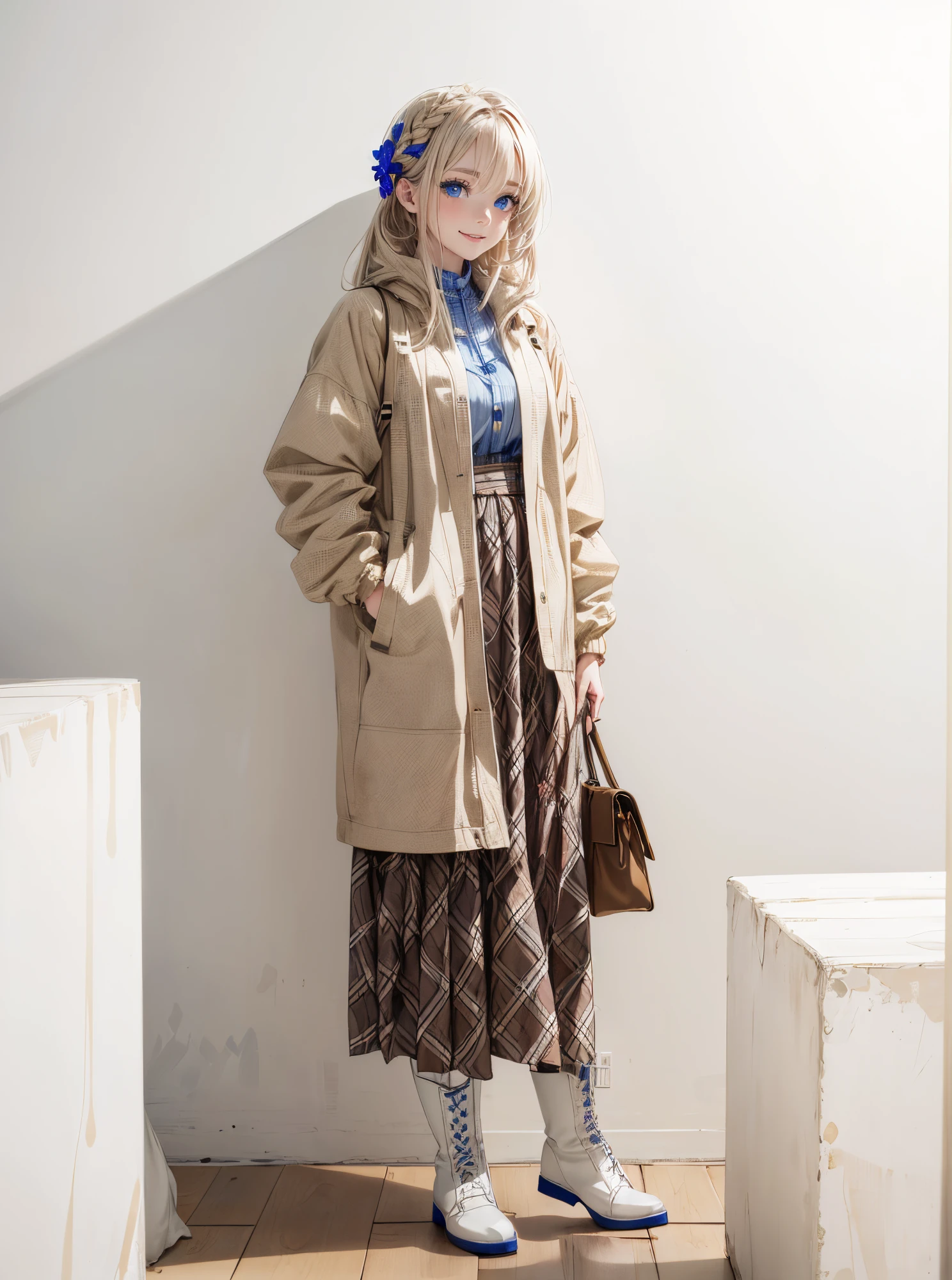 (masterpiece),(top-quality:1.2),1girl in,(masuter piece:1.3),exquisitedetails, Highest quality 8K resolution,Vibrant colors, Soft tones, Warm atmosphere, Gentle lighting,slender white body、(camel colored plaid long skirt:1.3),(white quilted blouson:1.2),(natural brown boots),Blushing、(short twin-tailed blonde hair:1.3),(Hair parted in the middle:1.3),(Glowing hair),(Cobalt blue eyes:1.3),White skin,kindly smile