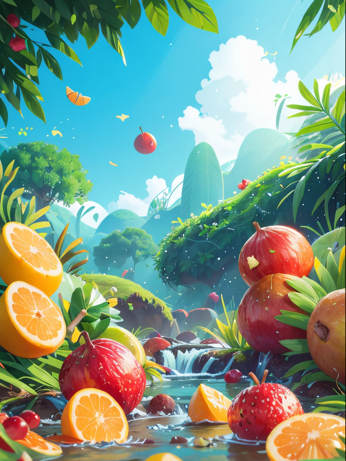 There are many fruits floating in the creek，Some fruits fall from the sky，The sky is clear and bright，nature harmony，Rich in life，Dichotomy of top and bottom composition，The upper part is the sky and fruits falling from the sky，The lower part is the stream and floating fruits