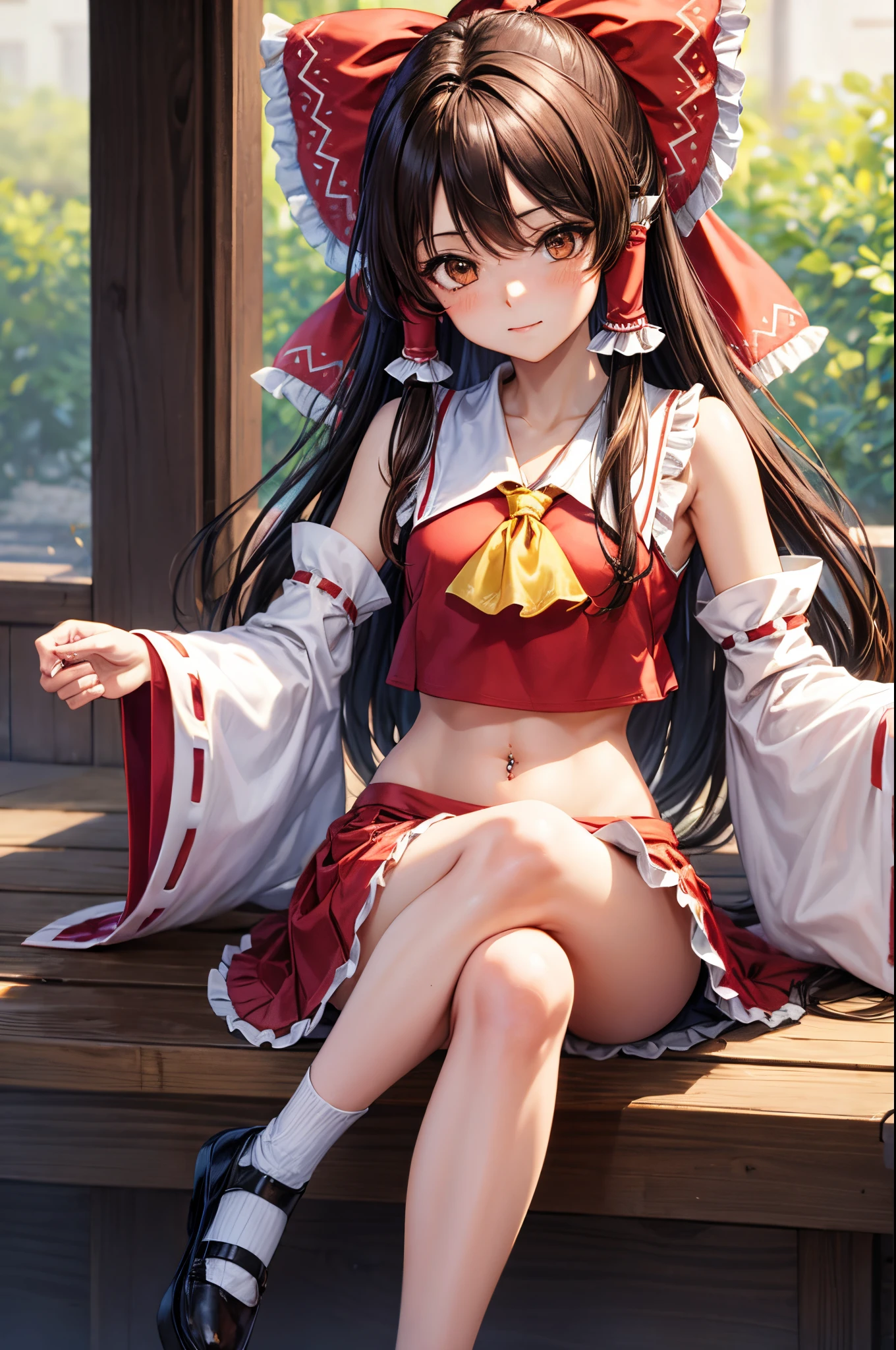 reimu hakurei, (brown eyes:1.5), brown hair, bow, hair bow, hair tubes, long hair, red bow, sidelocks, ascot, bare shoulders, black footwear, detached sleeves, embellished costume, frills, japanese clothes, nontraditional miko, red skirt, navel piercing