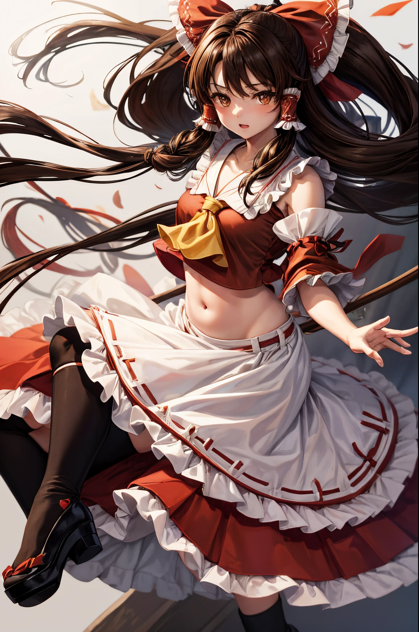 reimu hakurei, (brown eyes:1.5), brown hair, bow, hair bow, hair tubes, long hair, red bow, sidelocks, ascot, bare shoulders, black footwear, detached sleeves, embellished costume, frills, japanese clothes, nontraditional miko, red skirt, belly