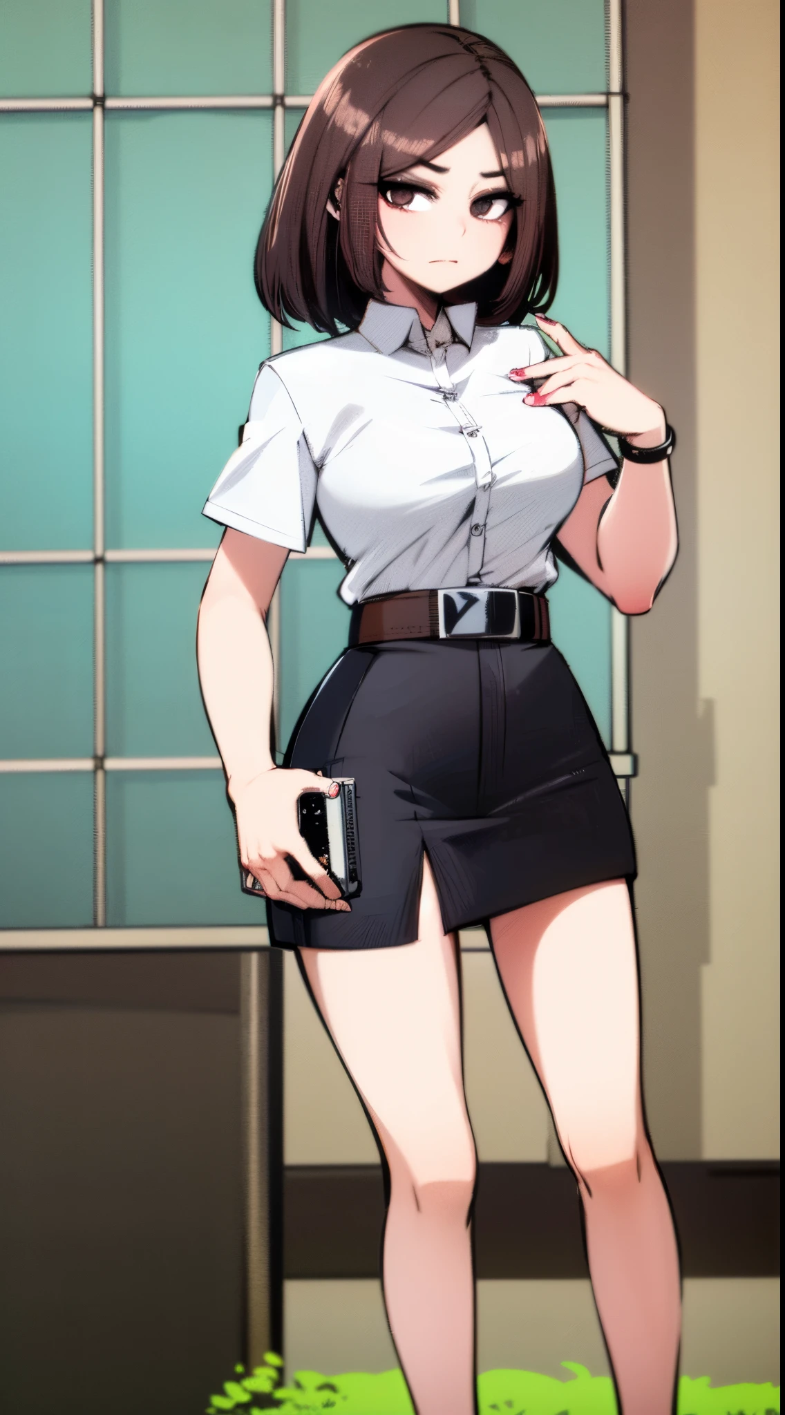 girl, white_shirt, short sleeves, black_skirt, shirt_tucked_in, brown_belt