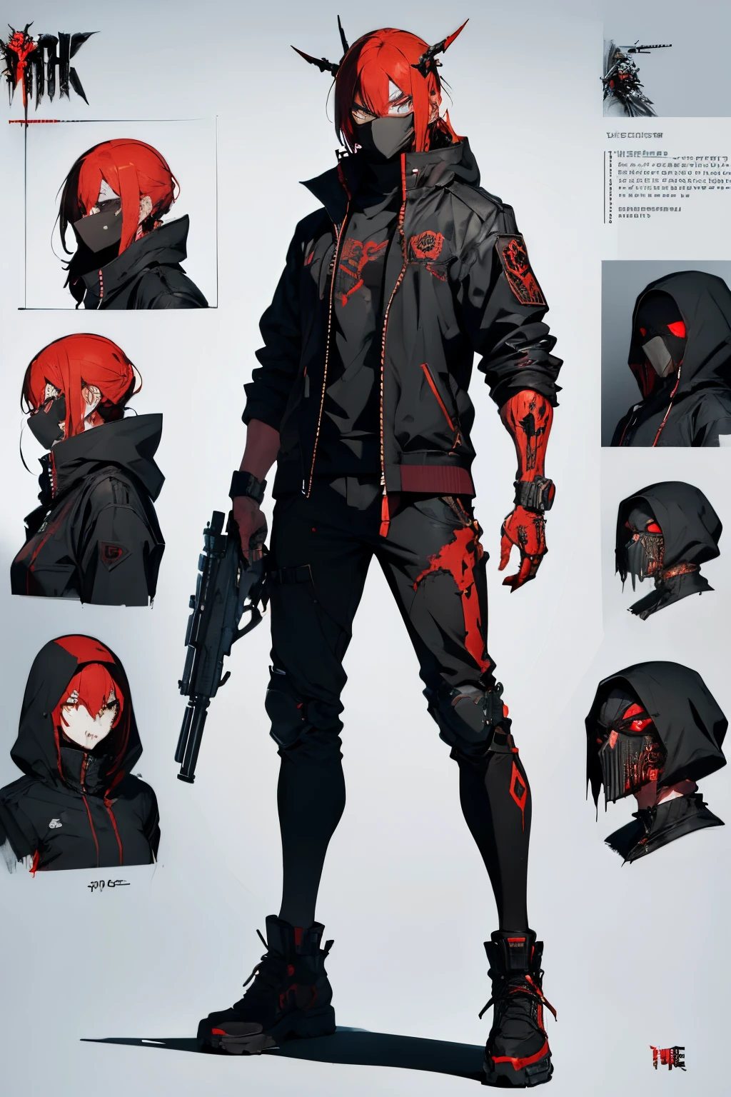 a drawing of a man with a gun and a mask, bloody + concept art, highly detailed character design, techwear occultist, cyberpunk character design, detailed full body concept art, red demon cyberpunk symbols, demon noble character design, clear eyes concept art, ( ( character concept art ) ), cyberpunk character art, game character concept art, detailed full body concept