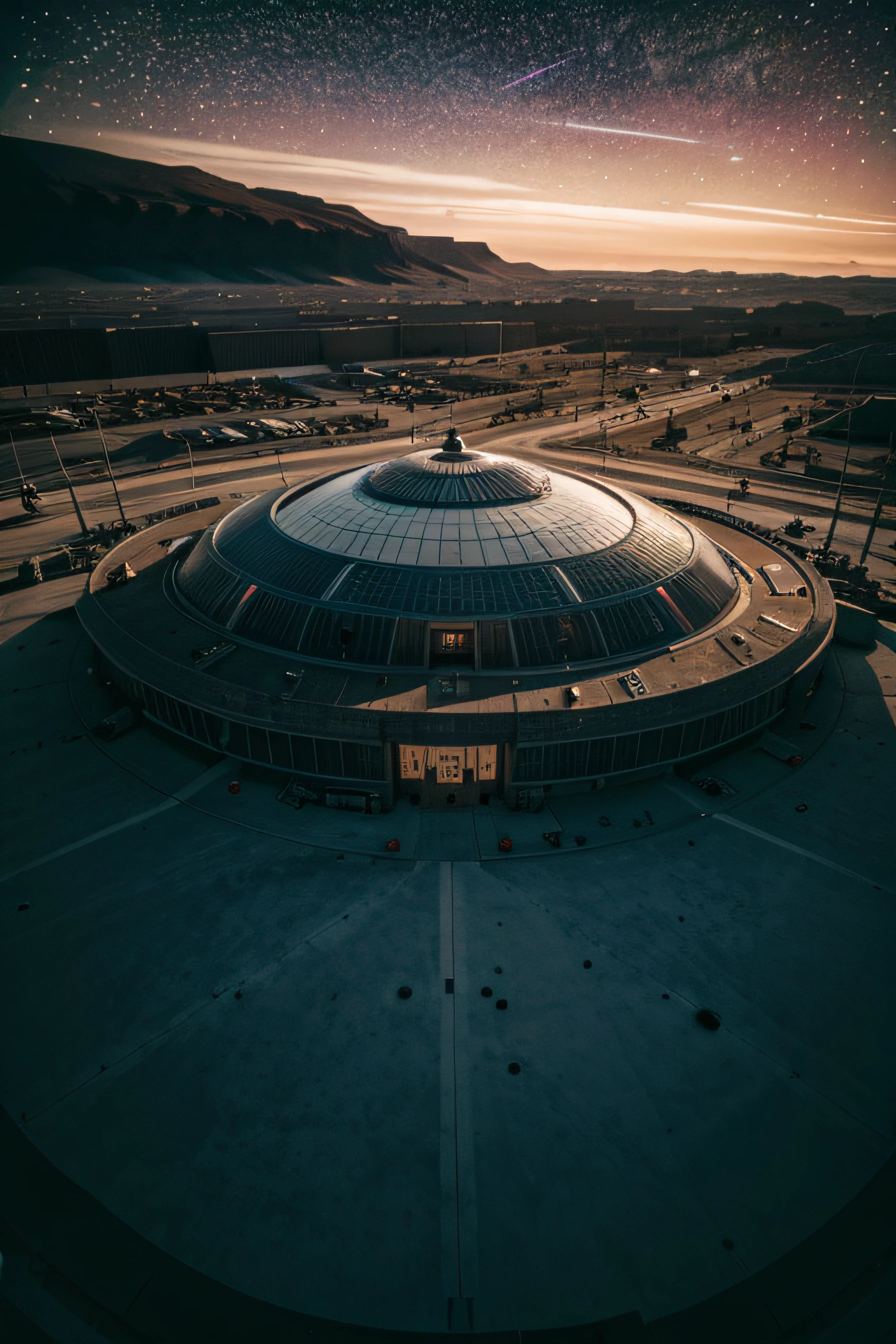 Bird's-eye view of Mars, five high-tech bases are under construction. The completed glass dome bases are distributed around the scientific research building complex. Robots, starry sky, building base details, ultra-wide-angle lens, high reality, light and dark contrast,