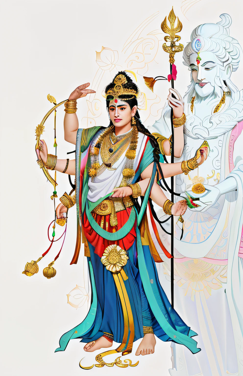 man with four heads sitting on a lotus, have four hands, books in two hands in the air, one hand holds a golden rod, indian god, hindu gods, hindu god, god of wealth, attractive male deity, hinduism, hindu aesthetic, hindu stages of meditation, sitting on a lotus flower, wise old indian guru, Realistic clouds in background