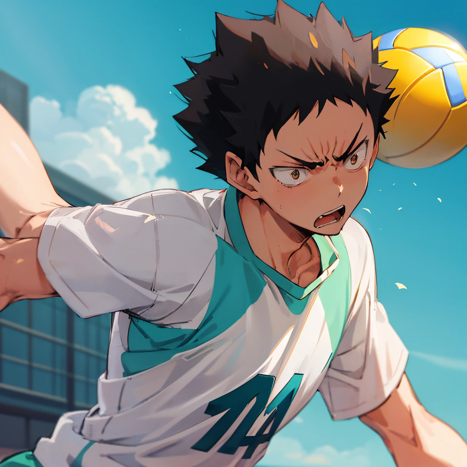 masterpiece, 1 man, iwaizumi, black hair, casual clothes, angry, cute, blue sky, volleyball, solo focus, upper body, perfect face