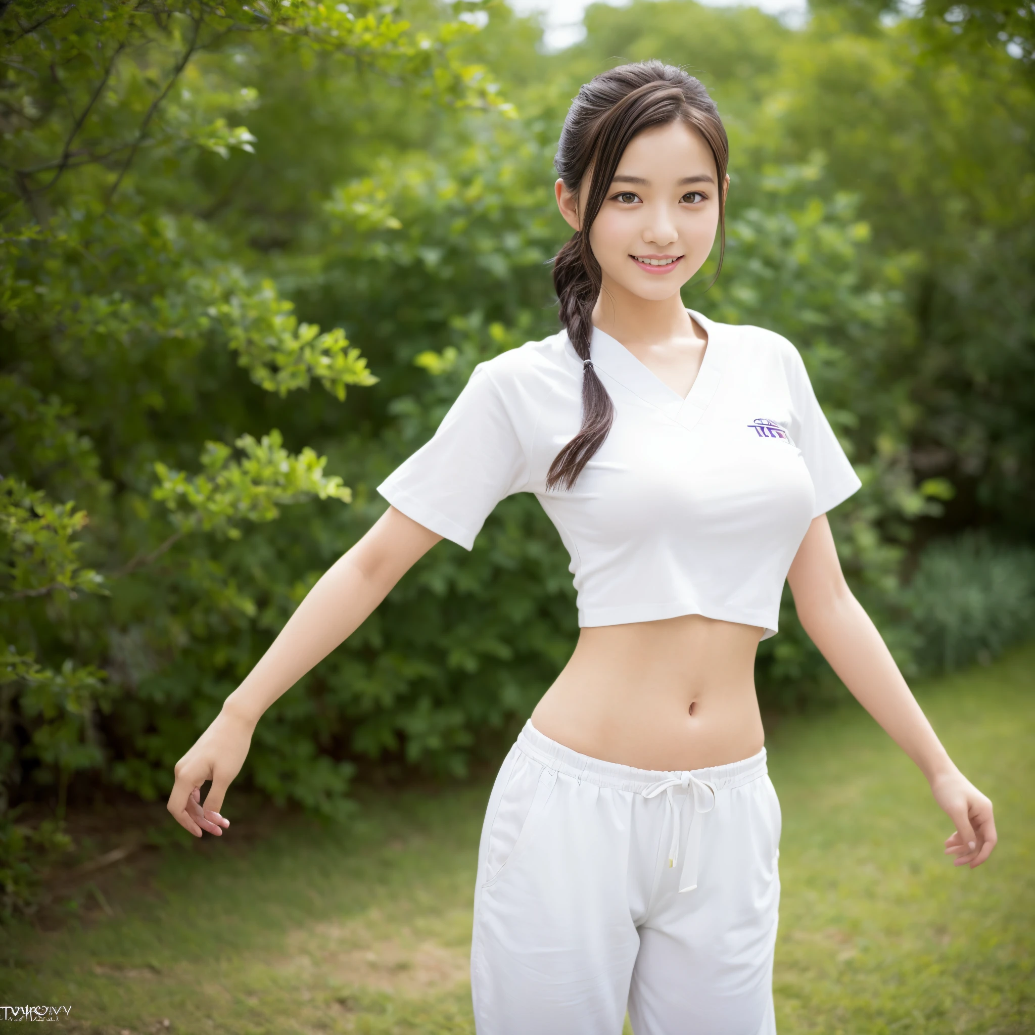 ((Highest quality)), ((masterpiece)), (detailed), Perfect face masutepiece, Best Quality, Illustration, Ultra-detailed, finely detail, hight resolution, 8K Wallpaper, Perfect dynamic composition, Beautiful detailed eyes,Medium Hair,Small breasts 、Natural color lip, Bold sexy poses,20 years girl、Cute、sexy shot looking at camera、wide angle、full BODY、taking off clothes、beach、Tank top、leggings、White yoga wear, standing,covering with hands, wet body
