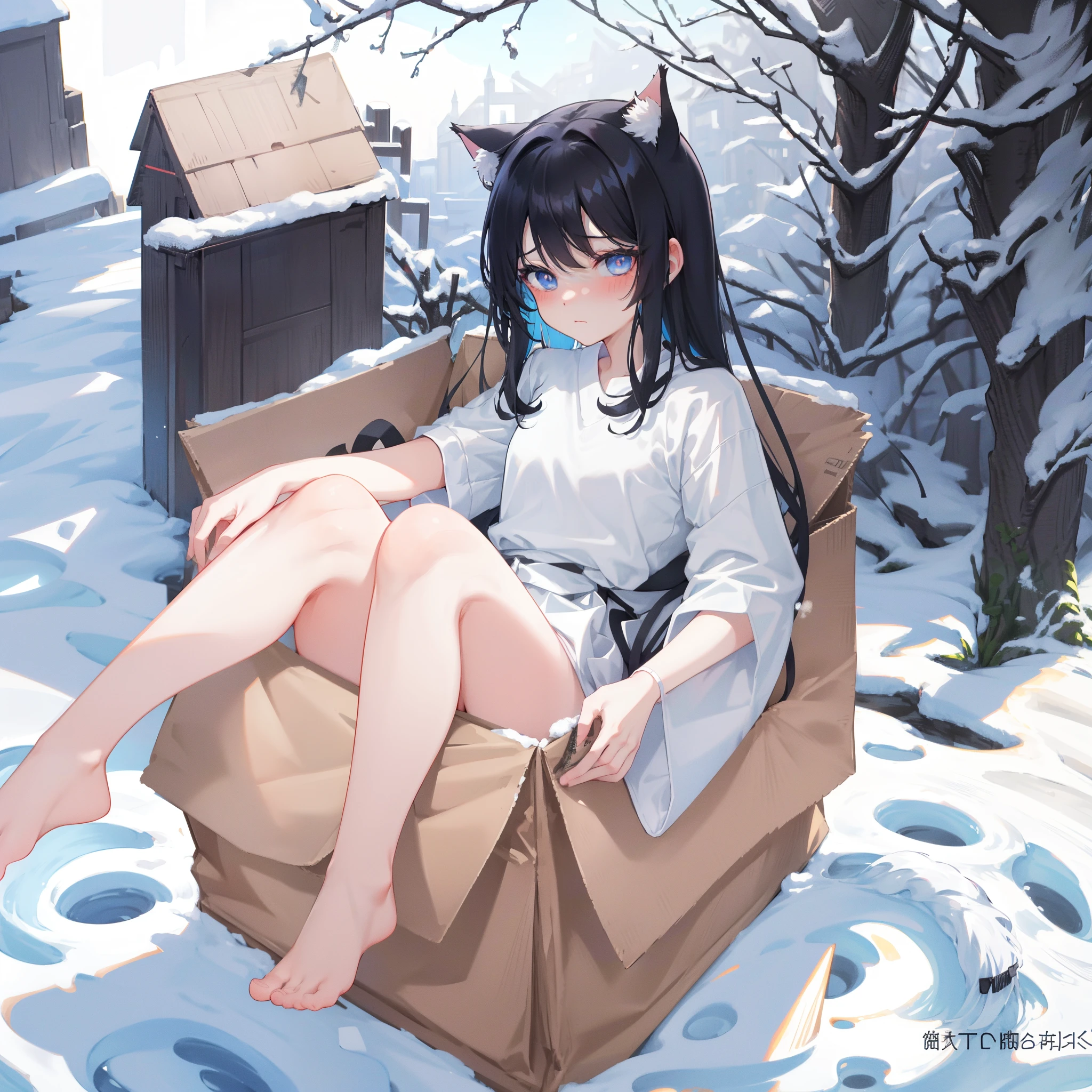 in container, 1girl, 独奏,
animal ears, cat tail, black hair,blue eyes, Shirt, Long hair, blusher, sitting, white  shirt,  snowing, Bangs, closed mouth, 鎖骨,short sleeves, snowing,
full - body, sitting ,(cutie:1),in a box,looking a viewer,