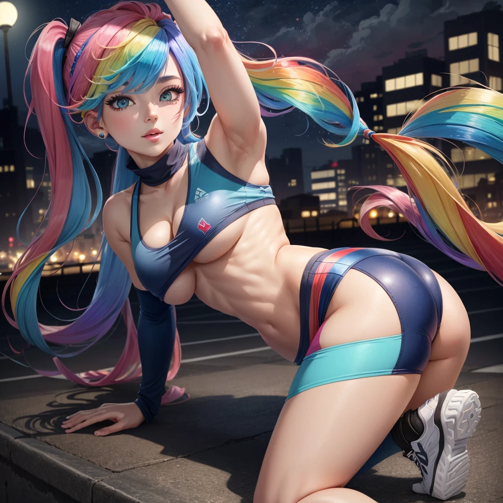 Rainbow Dash, best qulaity, Yoga Hose, farbige Haut, hellblaue Haut, underboob, Sportschuhe, Stadt, Nacht,