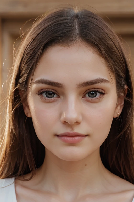 [sony premium camera, 8k, full High resolution, front-facing photo], a beautiful girl, cite girl, nude showing pushi,with oval face and symmetrical face structure, big eyes, hazal eye color,nose pin, almond shape eyes, straight and balanced nose, soft wavy brown hair, heart-shaped lips, perfect eyebrows, perfect ears, light pale soft skin, pale white skin, slightly lifted chin with neutral expression and closed mouth, ((NO visible teeth in details)) plain background, bright light
