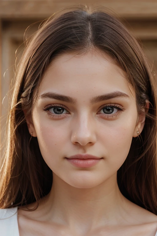 [sony premium camera, 8k, full High resolution, front-facing photo], a beautiful girl, cite girl, nude showing pushi,with oval face and symmetrical face structure, big eyes, hazal eye color,nose pin, almond shape eyes, straight and balanced nose, soft wavy brown hair, heart-shaped lips, perfect eyebrows, perfect ears, light pale soft skin, pale white skin, slightly lifted chin with neutral expression and closed mouth, ((NO visible teeth in details)) plain background, bright light