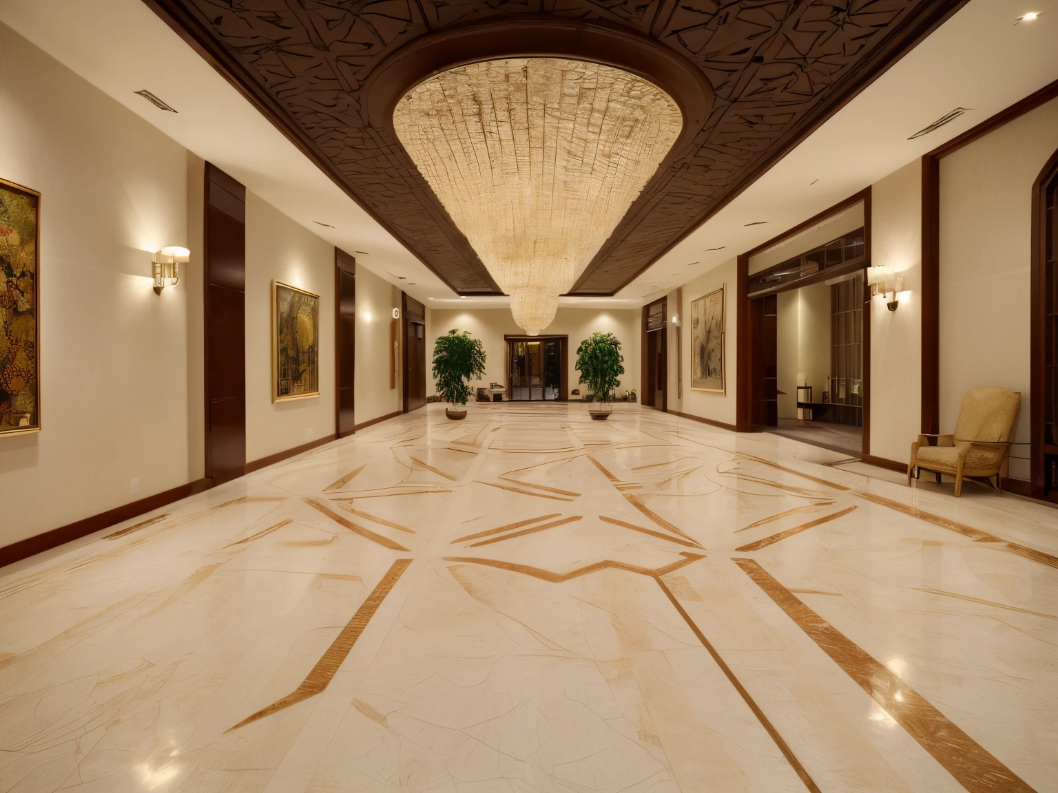 RAW photos, Masterpiece, high quality, best quality, realistic, super detailed,
5-star hotel lobby interior, luxurious, minimalist style, wooden ceiling, mapble tiled floor with decorative patterns, large glass wall overlooking the garden, sofa, table, reception desk, decorative plants indoor scenes, decorations, ceiling air conditioners, crystal chandeliers, wall lamps, warm interior lighting