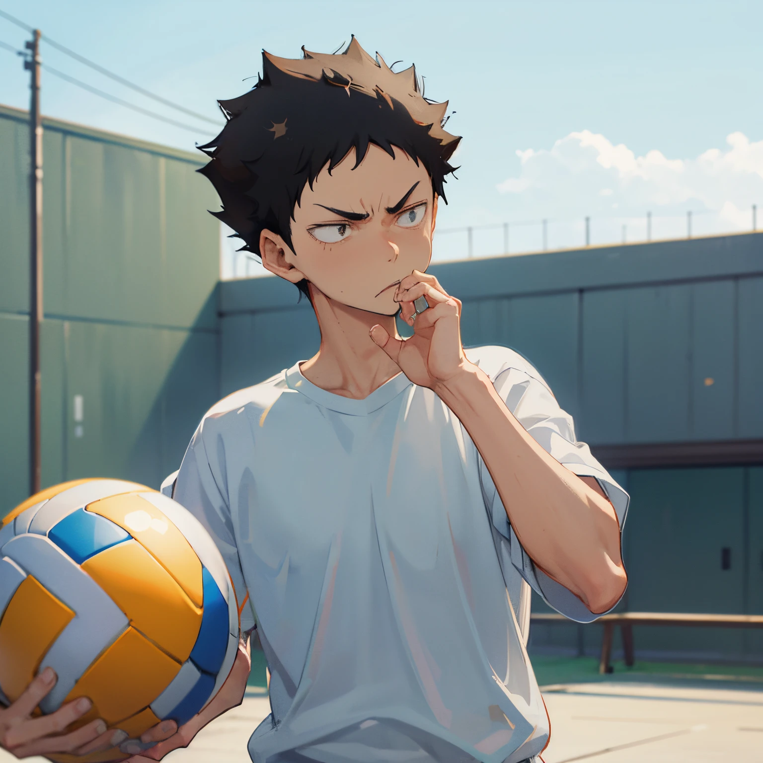 masterpiece, 1 man, iwaizumi, black hair, casual clothes, angry, cute, blue sky, volleyball, solo focus, upper body, perfect face