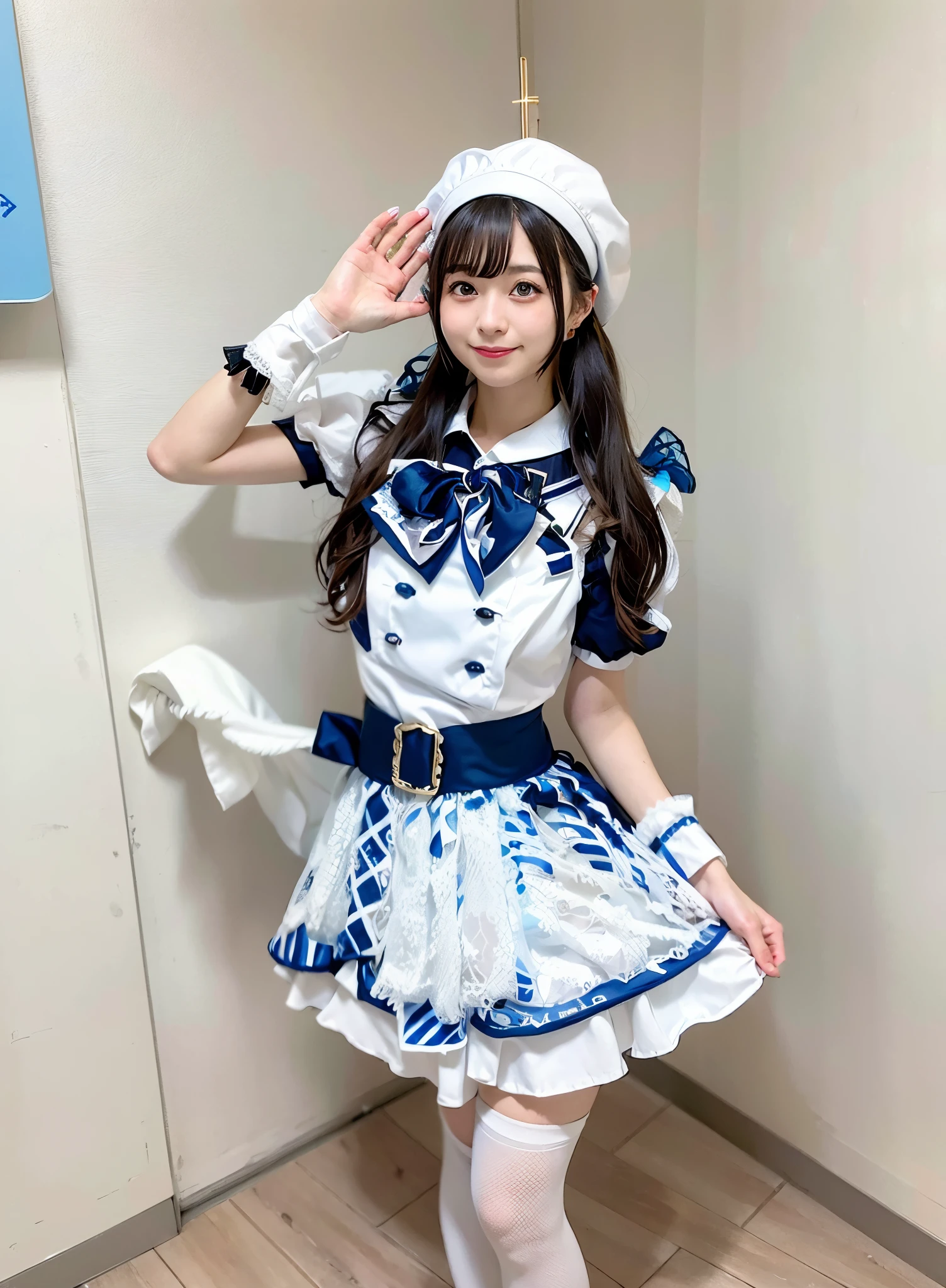 An arafe woman wearing a white and blue dress and a hat, Anime girl cosplay, Sailor Uniform, anime girls in maid costumes, maid clothes, Kantai Collection Style, Anime Cosplay, azur lane style, anime maid ss military, sakimichan, Cosplay, cosplay of a catboy! maid! Dress, female sailor uniform, japanese maid cafe