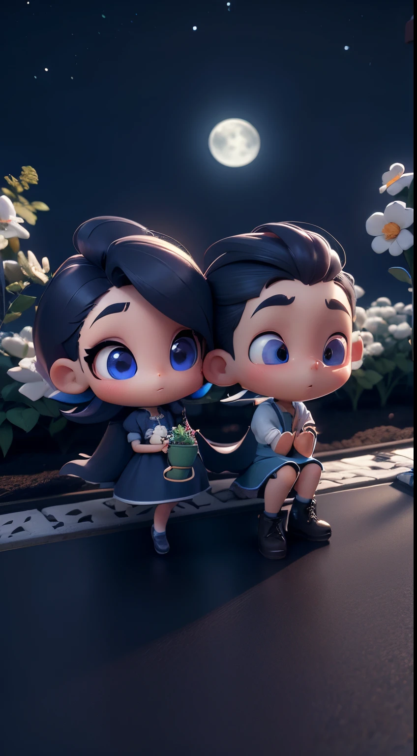 Characters: cute mini girl and cute mini boy, lovely couples, traditional dress, cute blue eyes, black hair, cute face, small chibi characters, 8k, 3D animation. Background: beautiful garden, road, trees, night, moon, stars.