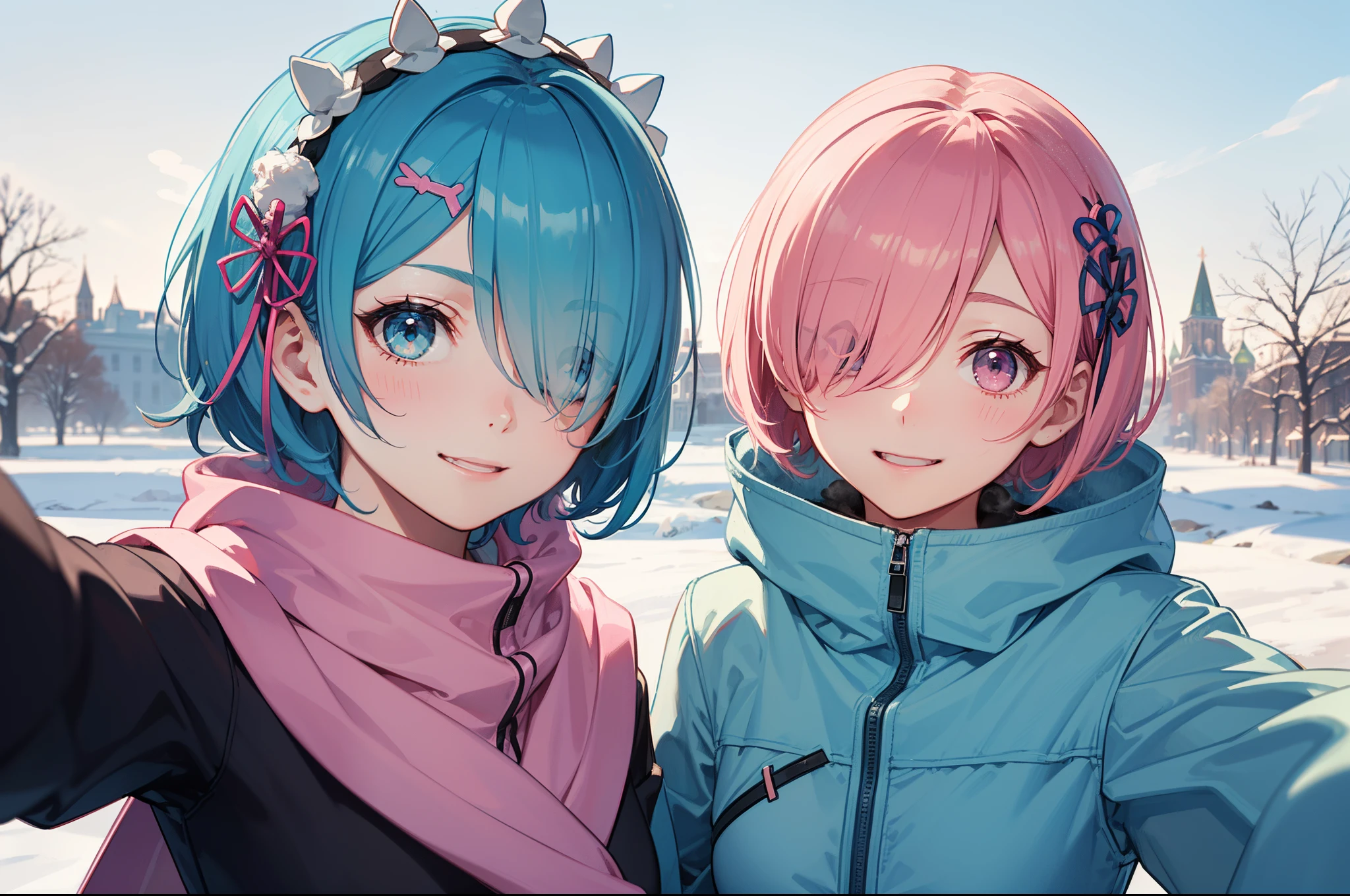 masterpiece, (2girls), couple, ((ram \(re:zero\), (pink hair), (hair tie)), (remrin:1), ramchi, (rem_re_zero, (light blue hair), (hair tie)), (short hair:1.5), (hair over one eye:1.25):1.35), (wearing warm winter cloth:1.5), boobs, (funny face expression:1.3), (smiling face:1.2), (detailed body, detailed hands, detailed faces:1.3), (selfie:1.5), (mouth steam:1.5), Russia in winter background, Kremlin on background
