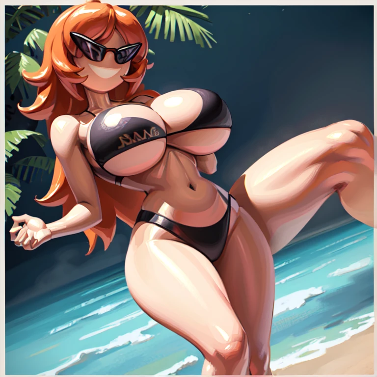 1girl,solo,sunnymiamitf,huge breasts,narrow waist,wide hips,sunglasses,teeth,straight hair,short hair,orange hair,black strapless bikini,tube top,g-string,beach
(best quality,4k,8k,highres,masterpiece:1.2),ultra-detailed,(realistic,photorealistic,photo-realistic:1.37),HDR,UHD,studio lighting,ultra-fine painting,sharp focus,physically-based rendering,extreme detail description,professional,vivid colors,bokeh,portraits,landscape